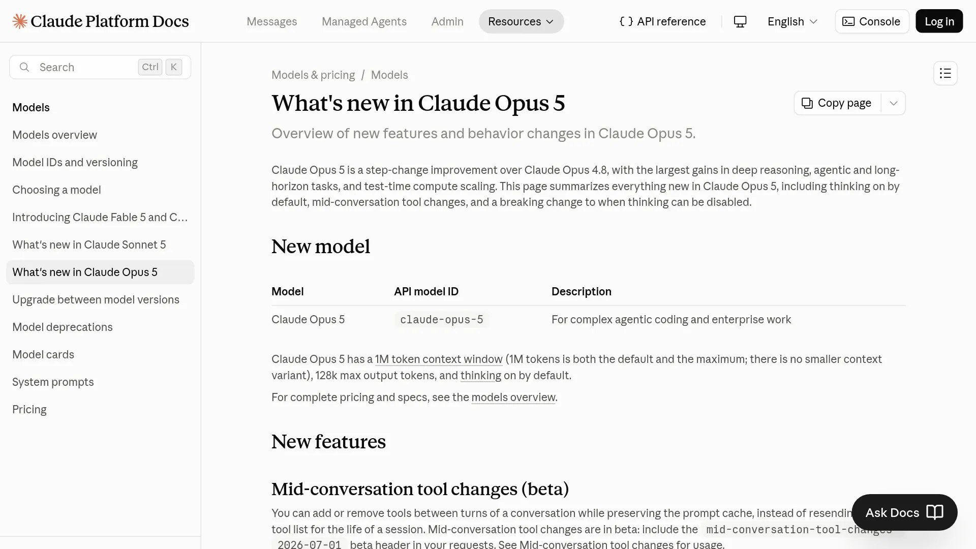 Documentation API de Claude Opus 5
