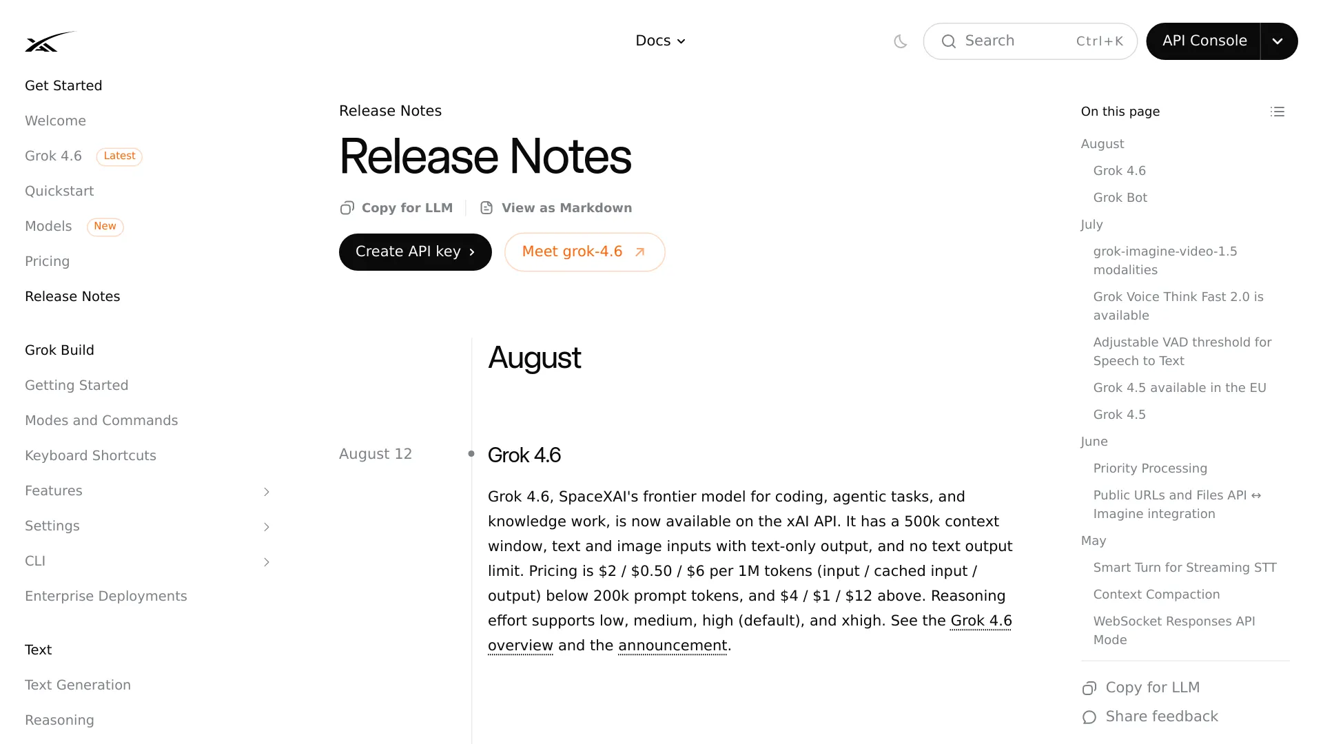 Notes de version xAI annonçant la disponibilité de l’API Grok 4.6