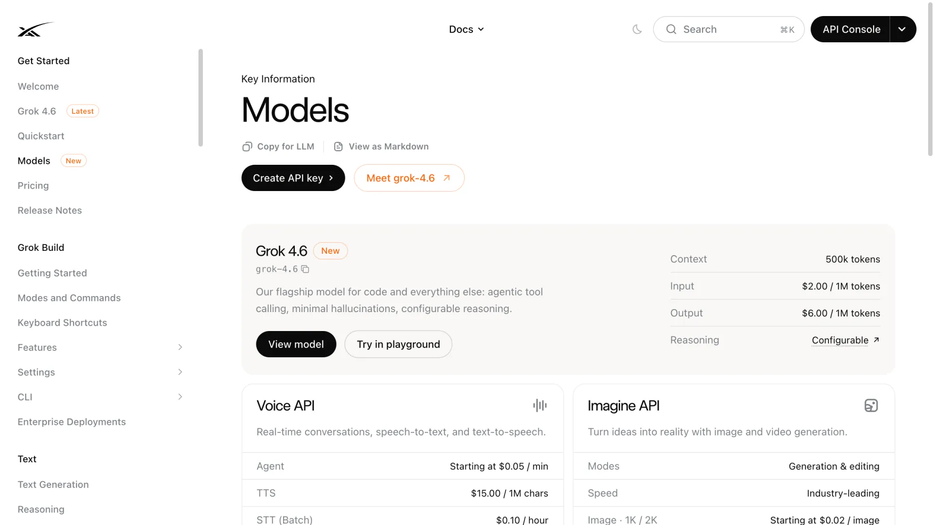 SpaceXAI developer documentation showing Grok 4.6 tagged as New with 500k context, $2.00 input and $6.00 output pricing
