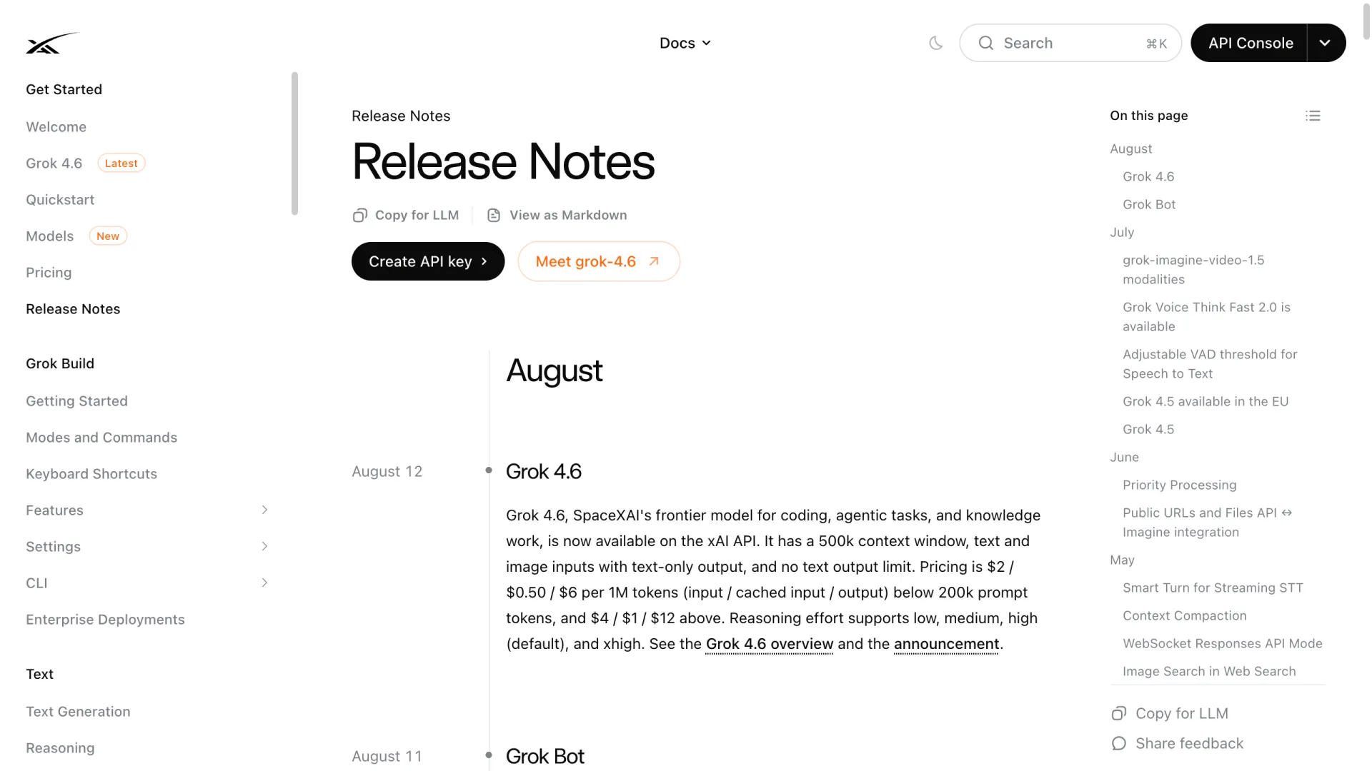 SpaceXAI release notes entry dated August 12, 2026 announcing Grok 4.6 on the xAI API with its context window and pricing