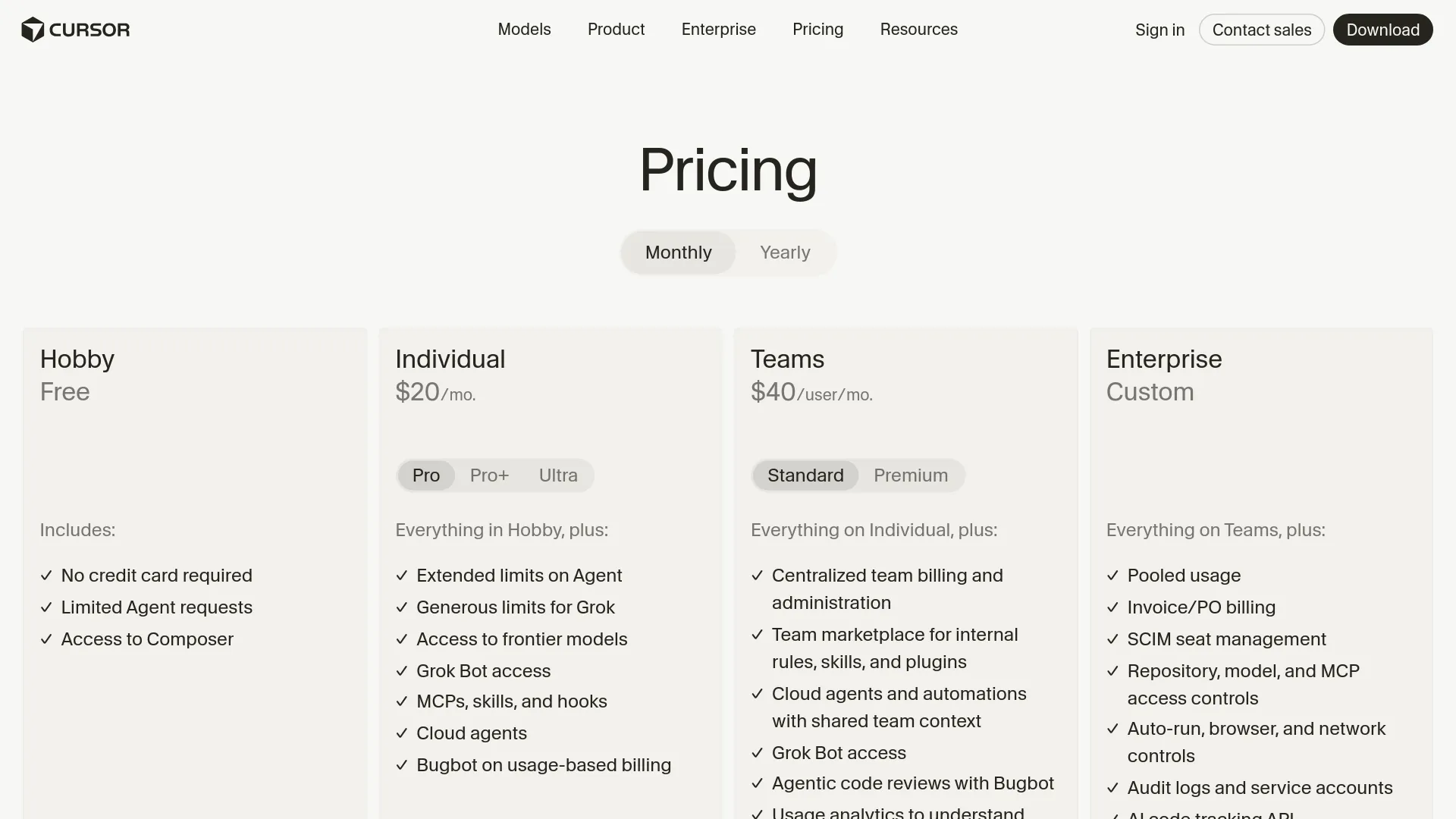 Cursor pricing page showing Grok Bot access tiers