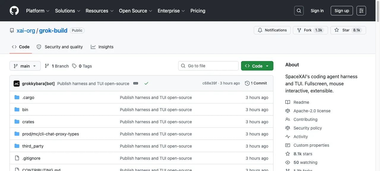 Grok Build GitHub repository showing Apache 2.0 license, Rust language, and 8.1k stars