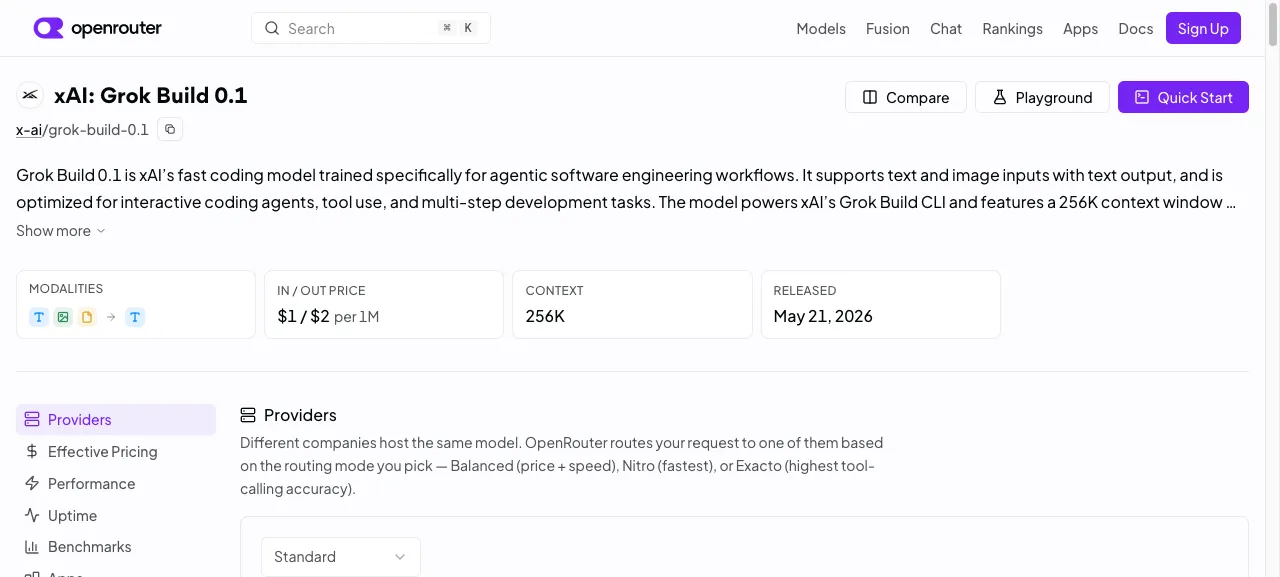 OpenRouter page for grok-build-0.1 showing $1/$2 per million tokens and 256K context
