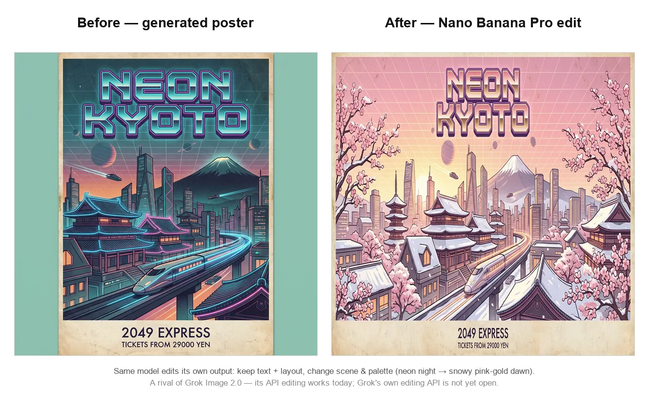 Avant/après : l’affiche nocturne originale aux néons et sa version retouchée à l’aube enneigée, toutes deux réalisées avec l’édition par image de référence de Nano Banana Pro
