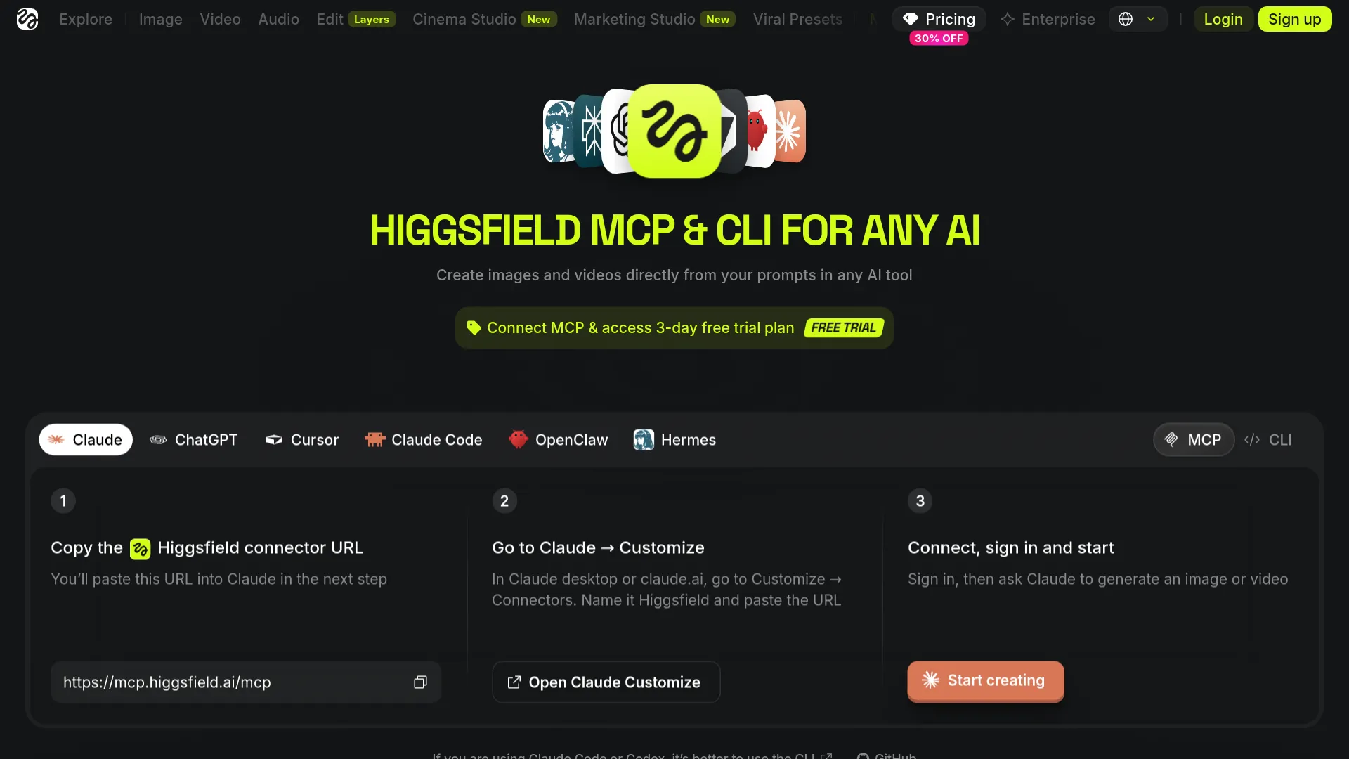 Higgsfield MCP 官方設定頁面，顯示連接器 URL 與 Claude 設定步驟