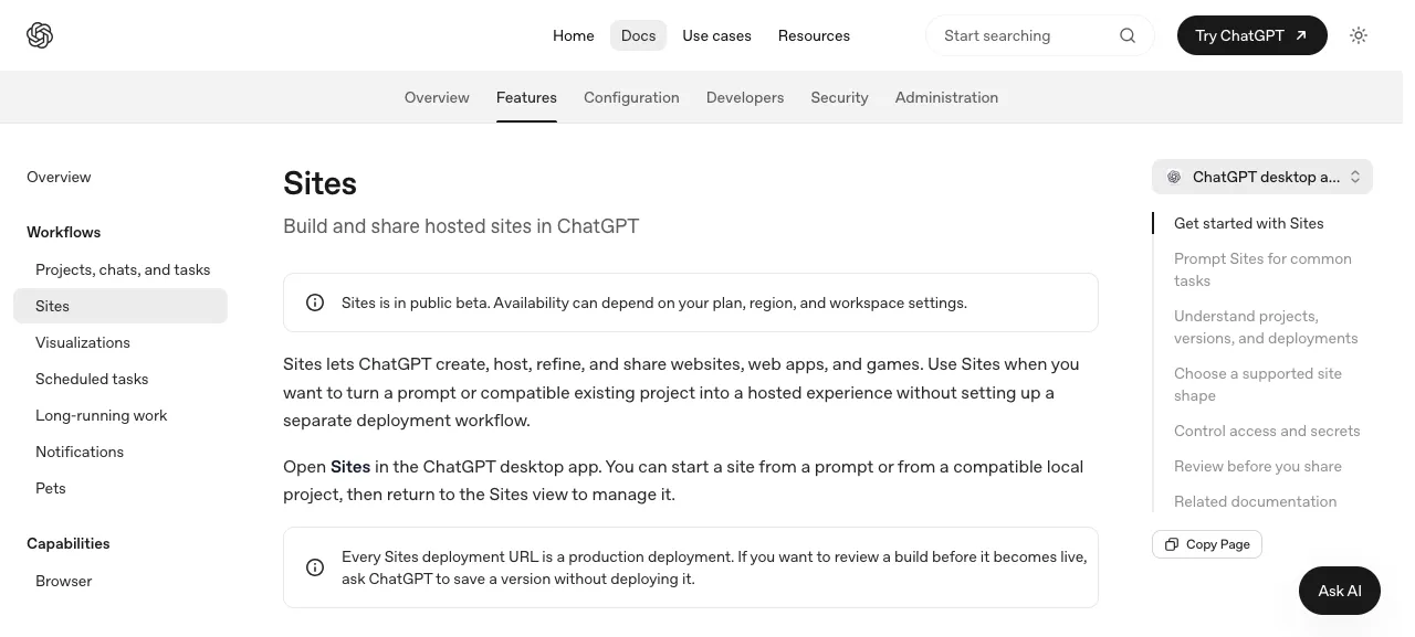 Webサイト、Webアプリ、ゲームの作成、ホスティング、改善、共有に対応するChatGPT Sitesのドキュメント画面