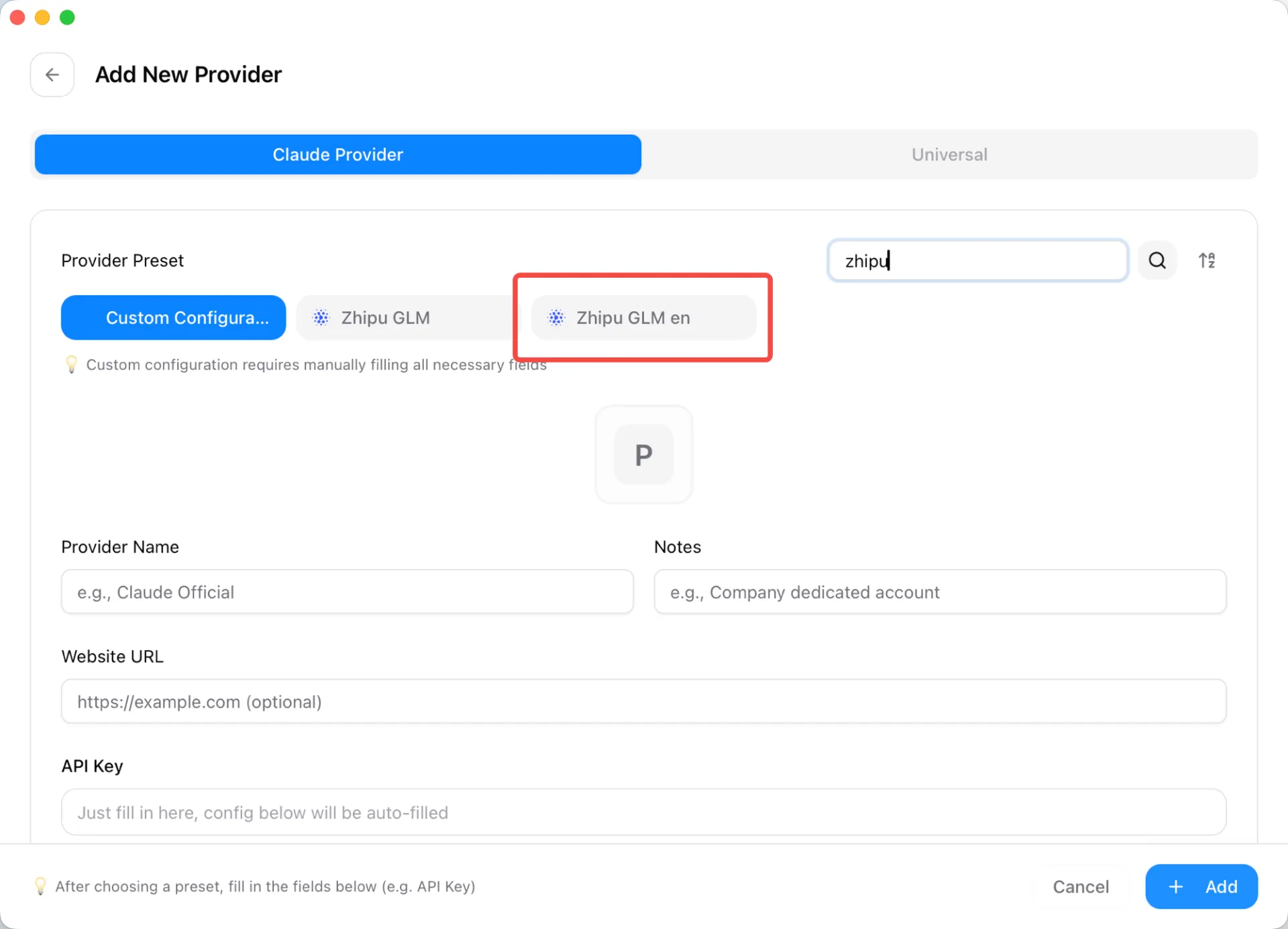 CC Switch Add New Provider screen with "zhipu" typed in the preset search box, showing the Zhipu GLM and Zhipu GLM en presets under the Claude Provider tab
