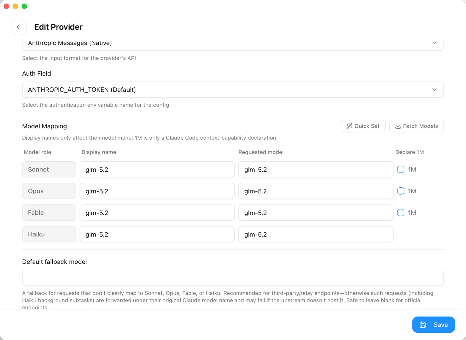 CC Switch Edit Provider model-mapping table with Sonnet, Opus, Fable, and Haiku roles all set to glm-5.2, using Anthropic Messages Native format and ANTHROPIC_AUTH_TOKEN