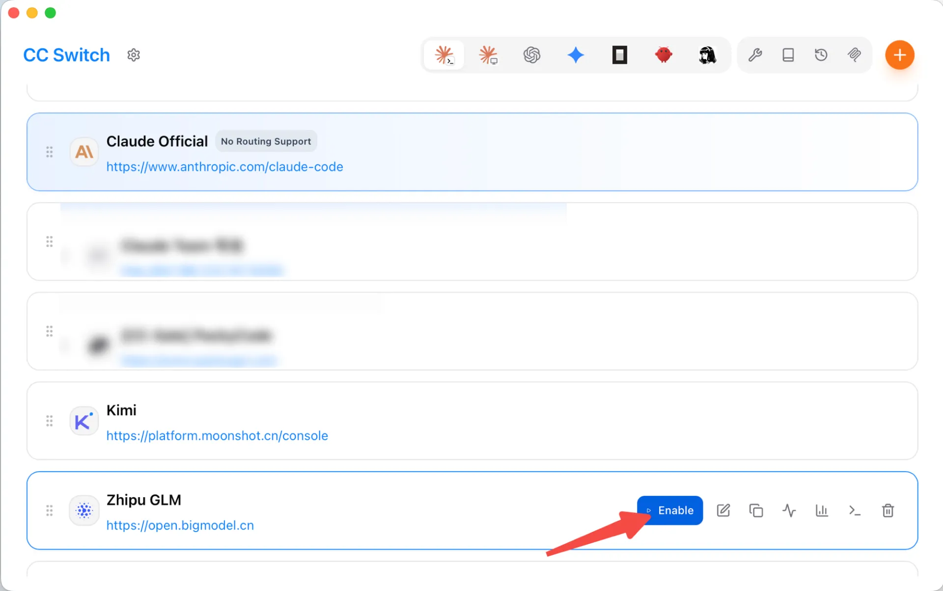 CC Switch provider list showing Zhipu GLM with its Enable button, alongside a Claude Official provider to switch back to