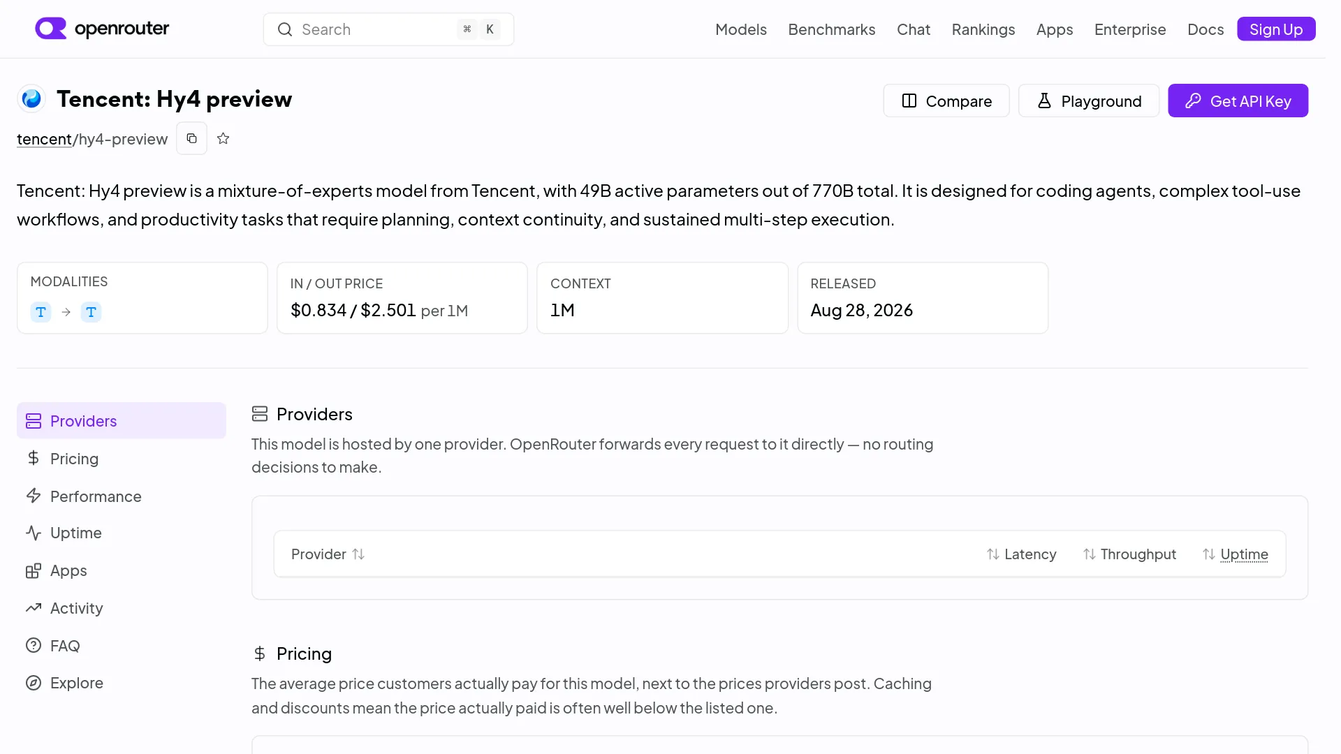 OpenRouter Hy4 preview pricing and limits