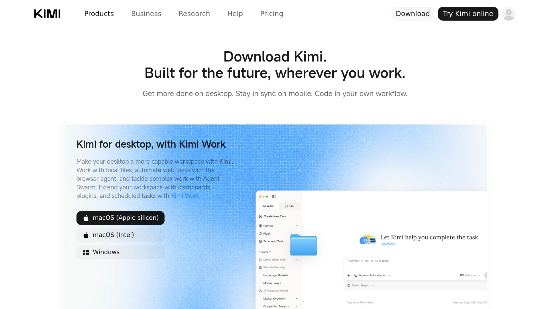 Kimi download page showing desktop product options