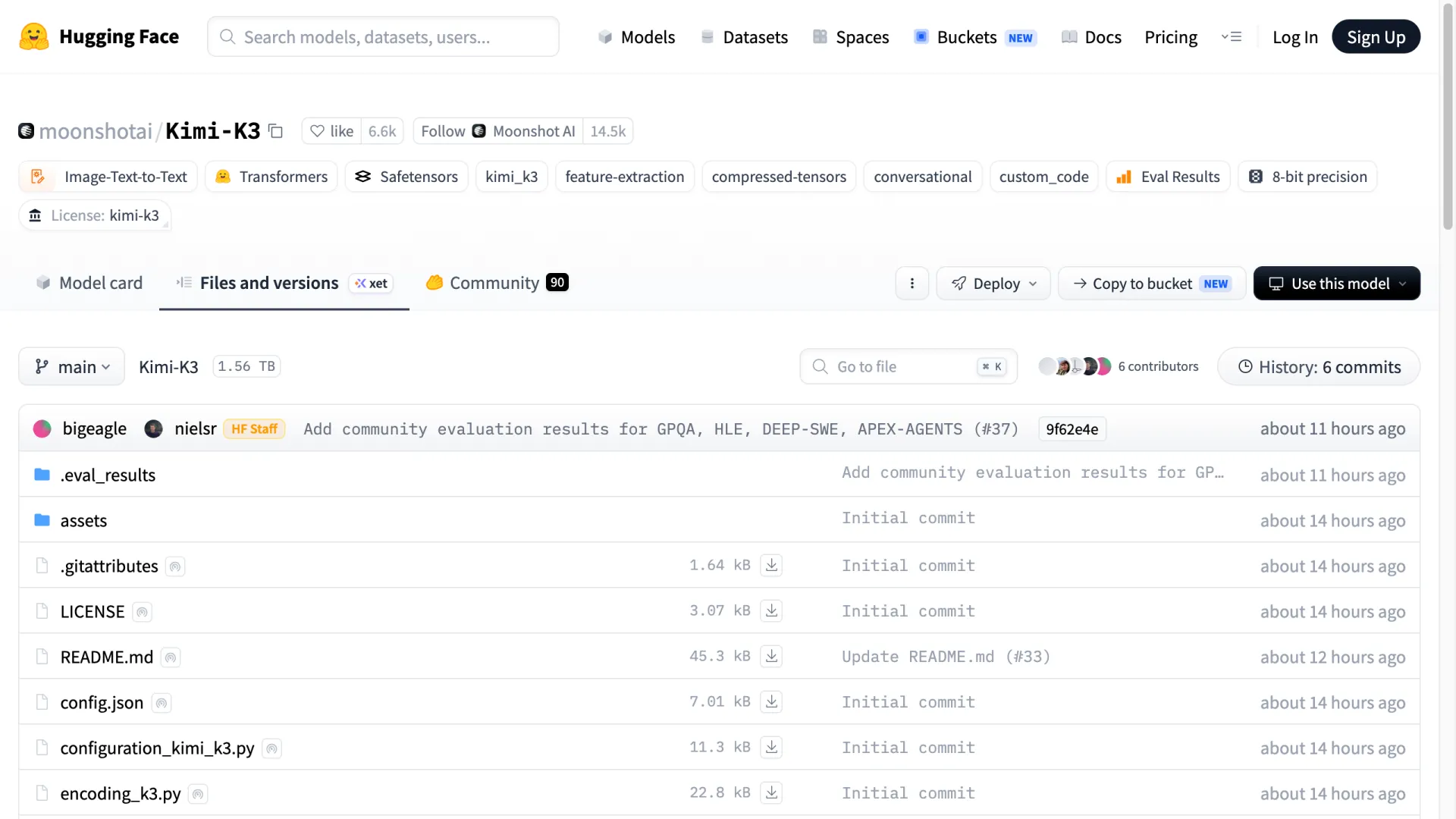 Hugging Face file listing for moonshotai/Kimi-K3 showing a 1.56 TB repository, the kimi-k3 license tag, and 6.6k likes