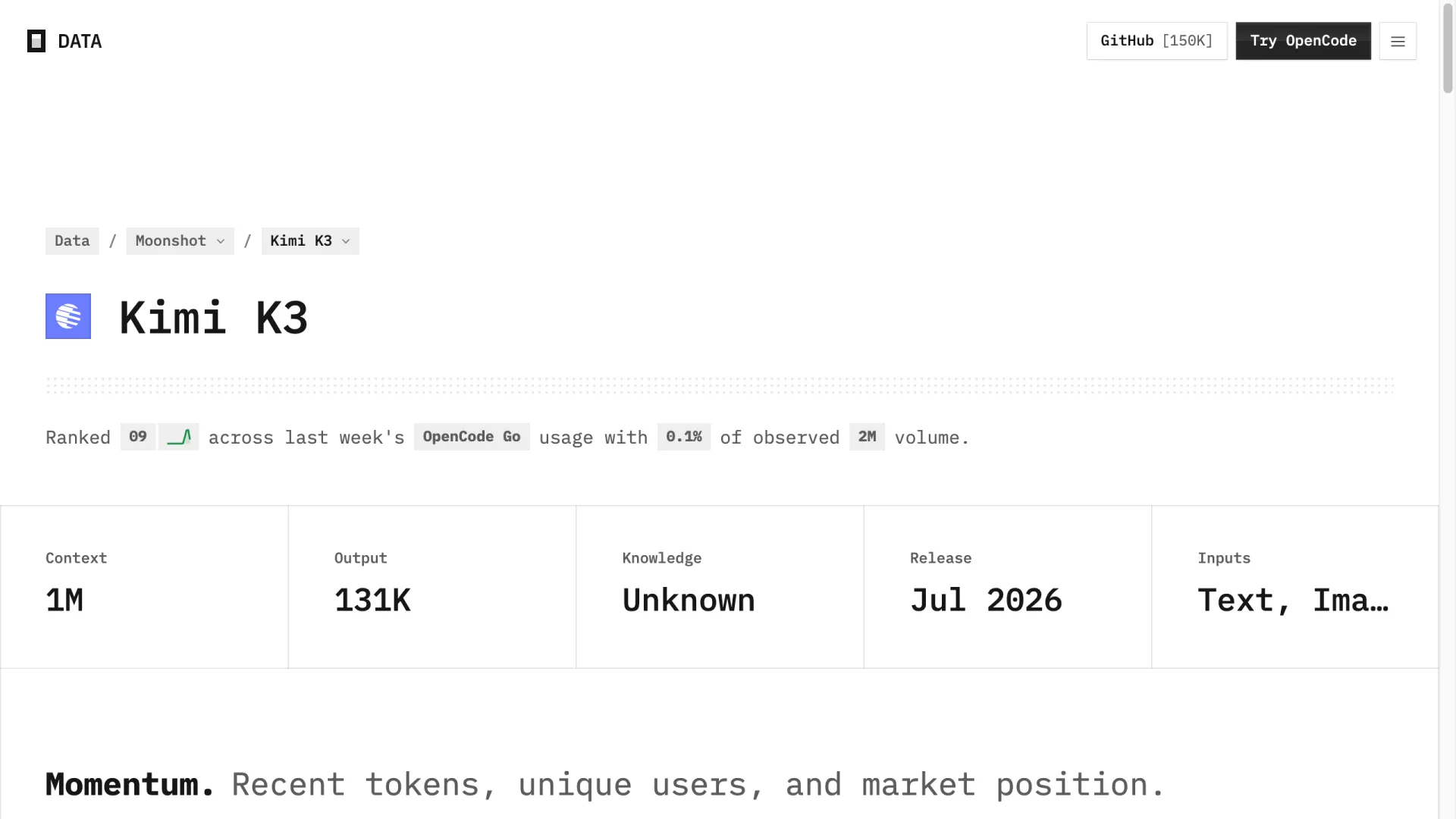 Page de données d’usage publiques d’OpenCode pour Kimi K3, indiquant son rang n°9, un contexte de 1M, une limite de sortie de 131K et une sortie en juillet 2026