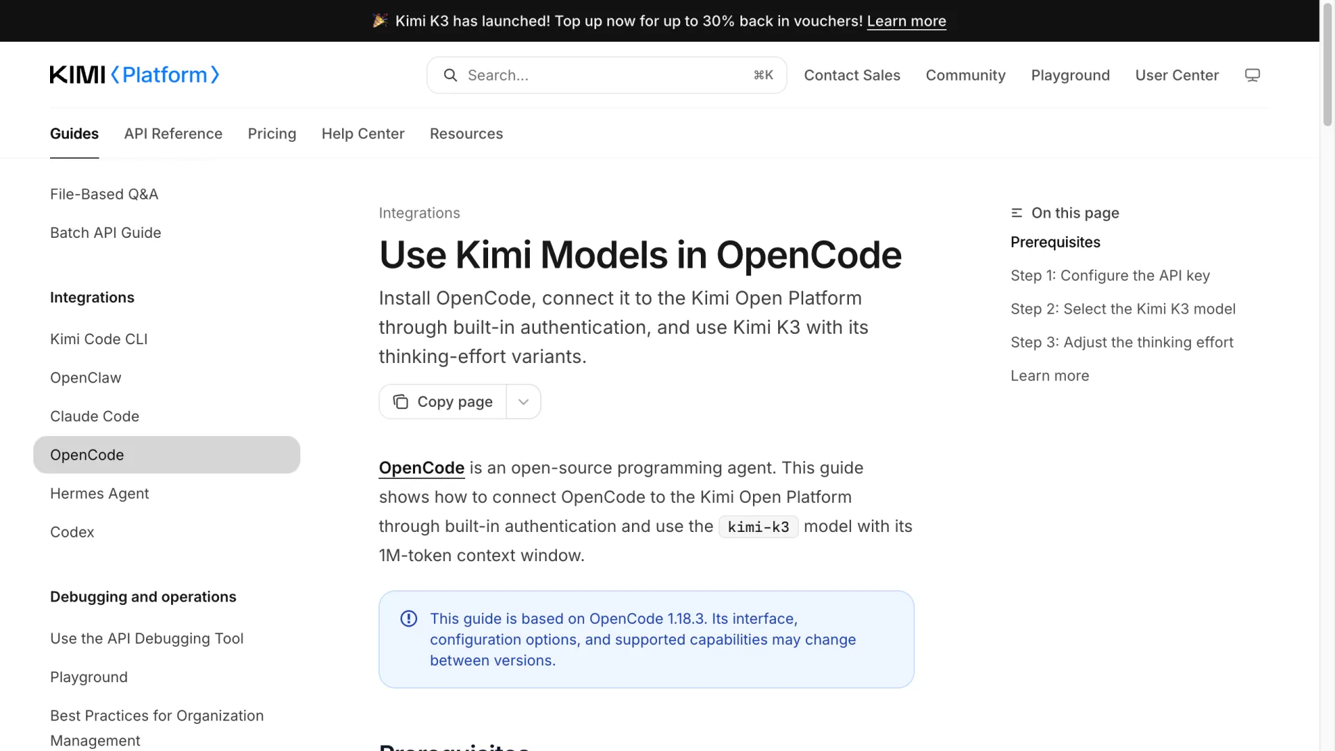 Page de documentation officielle de Kimi expliquant l’utilisation des modèles Kimi dans OpenCode en trois étapes