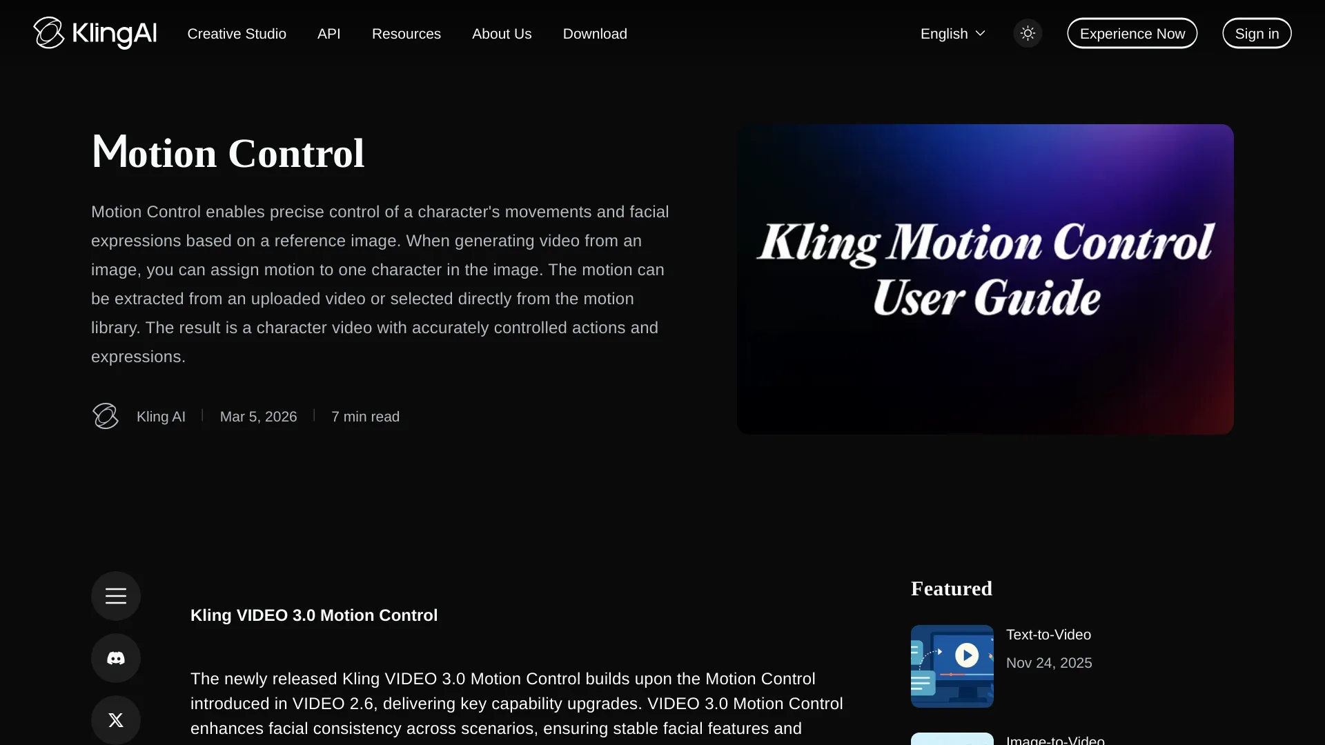 Kling Motion Control 官方使用指南，顯示價格與版本資訊