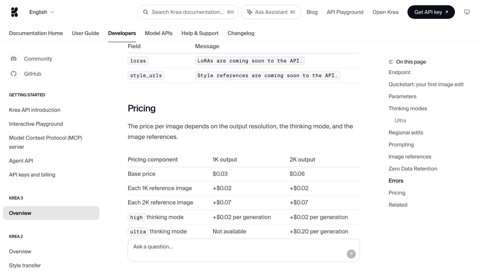 Krea 3 API pricing table: $0.03 at 1K, $0.06 at 2K, plus reference image and thinking mode surcharges