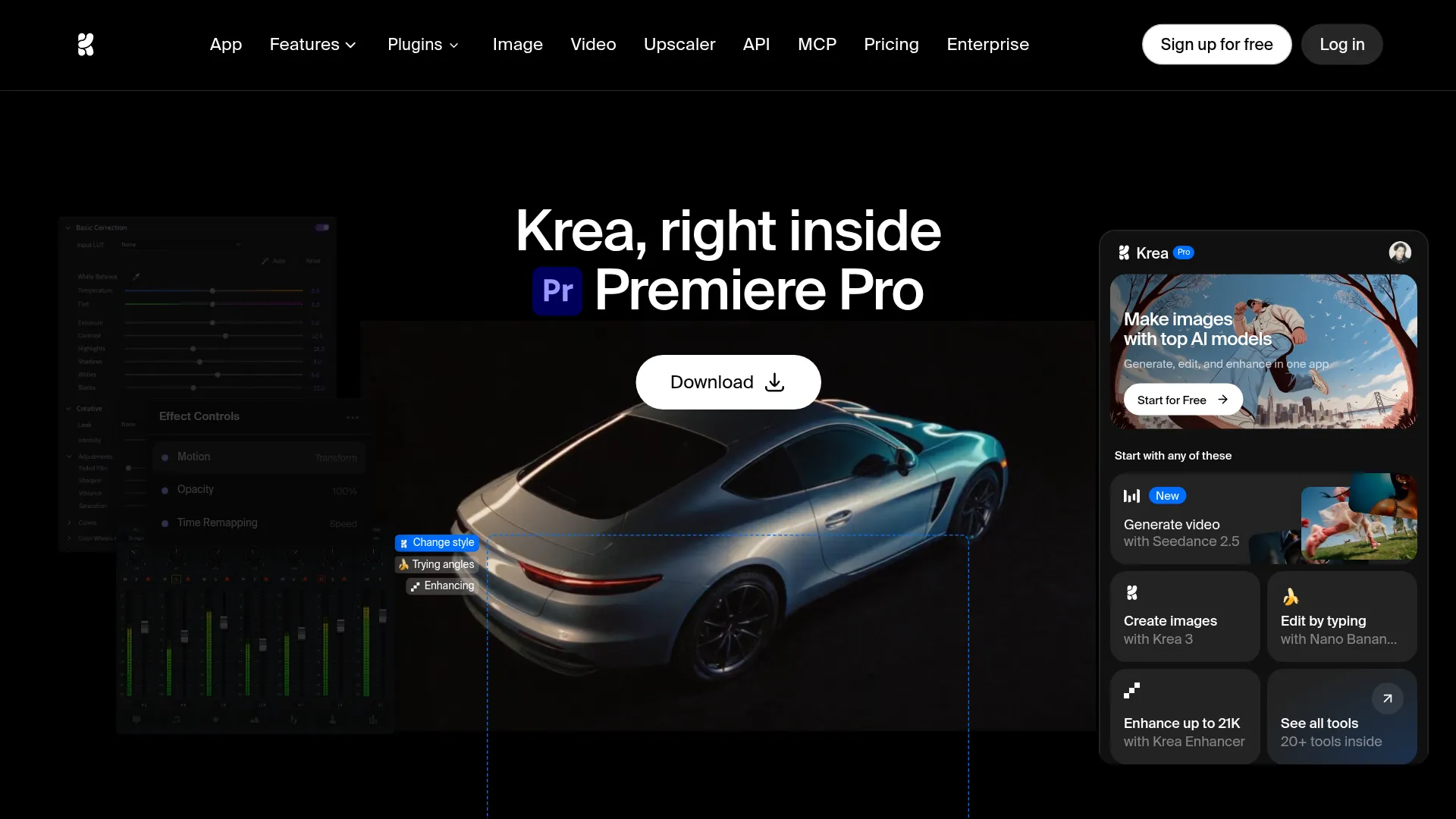 Krea for Premiere Pro official plugin page showing install and features
