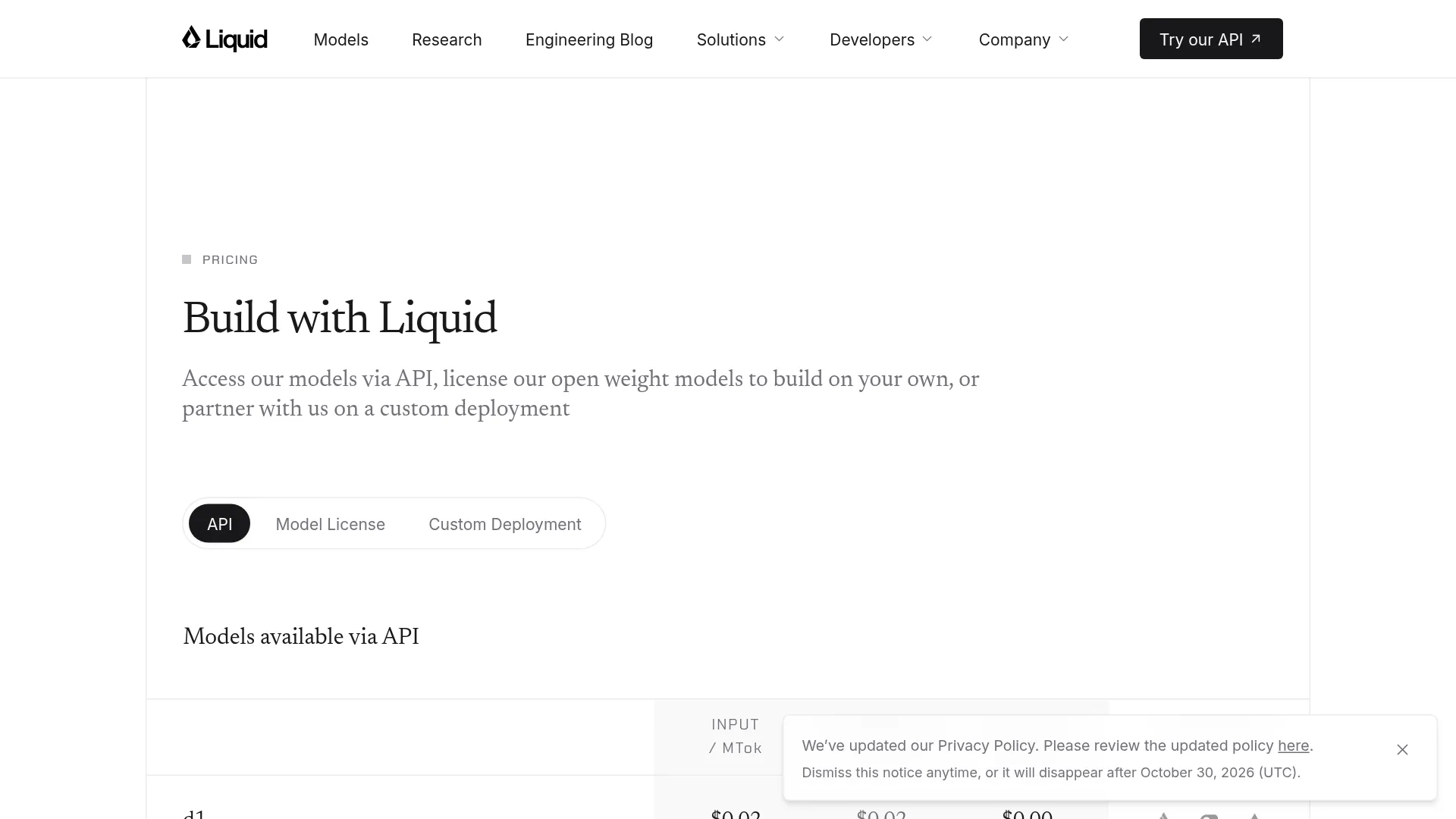 Liquid AI pricing page showing no separate LFM3 API rate