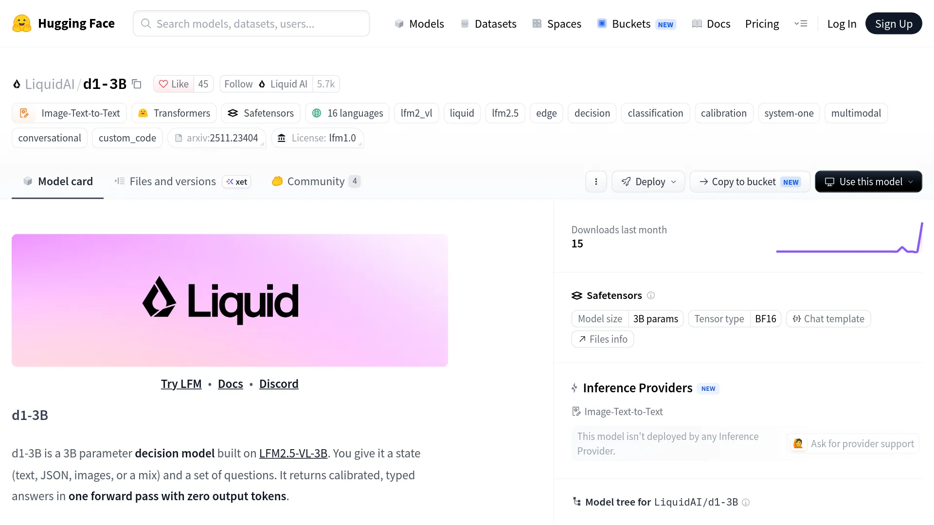 Liquid AI d1-3B-Modellseite mit dem offiziellen Open-Weight-Repository