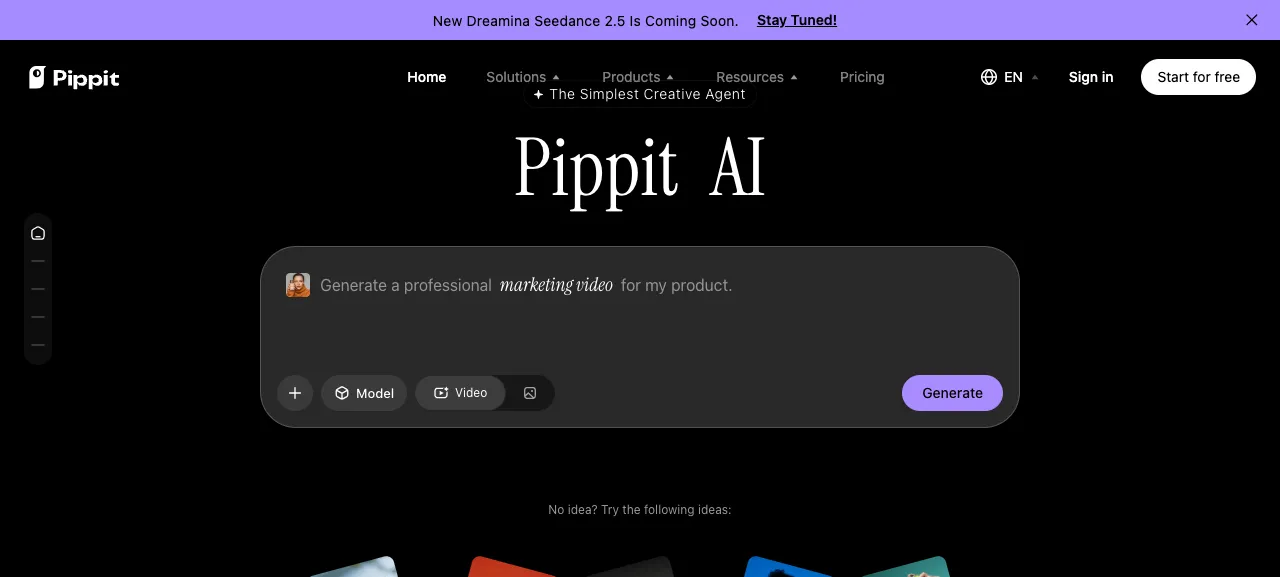 Página de inicio de Pippit AI con un cuadro de prompts y opciones de generación de modelo y vídeo