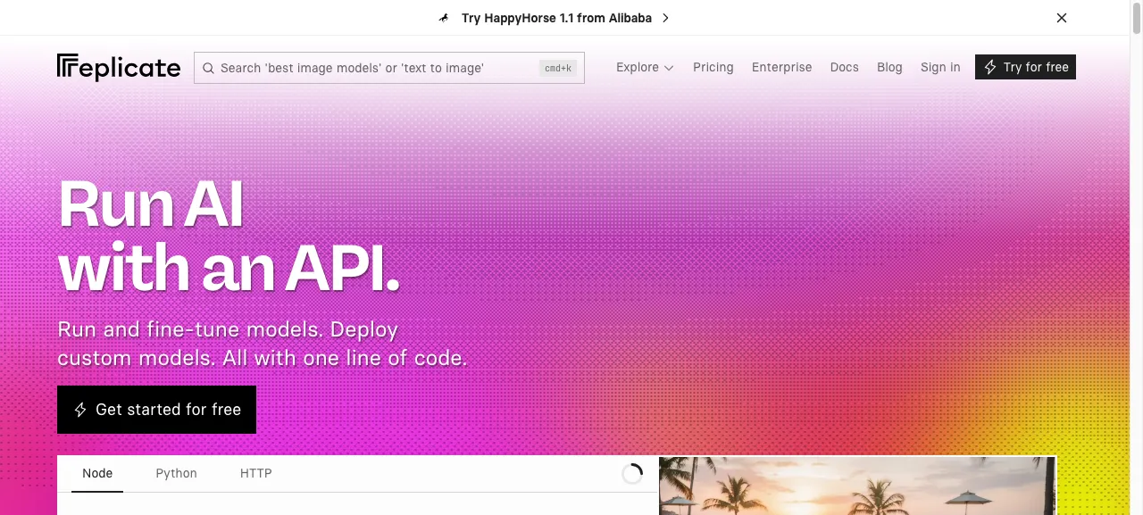 Página de inicio de Replicate con el titular "Run AI with an API" y pestañas de código para Node, Python y HTTP