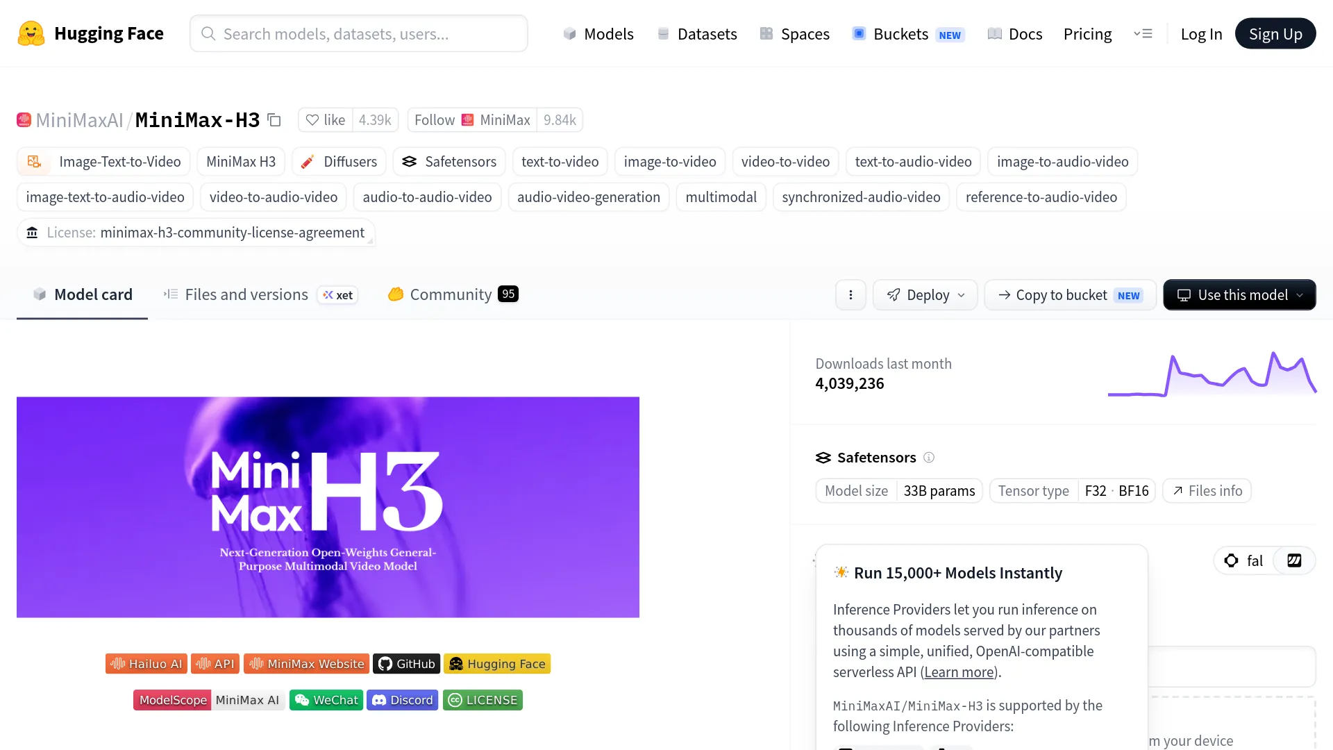 Fiche modèle officielle MiniMax H3 sur Hugging Face, présentant la vue d’ensemble du système et la structure des modules