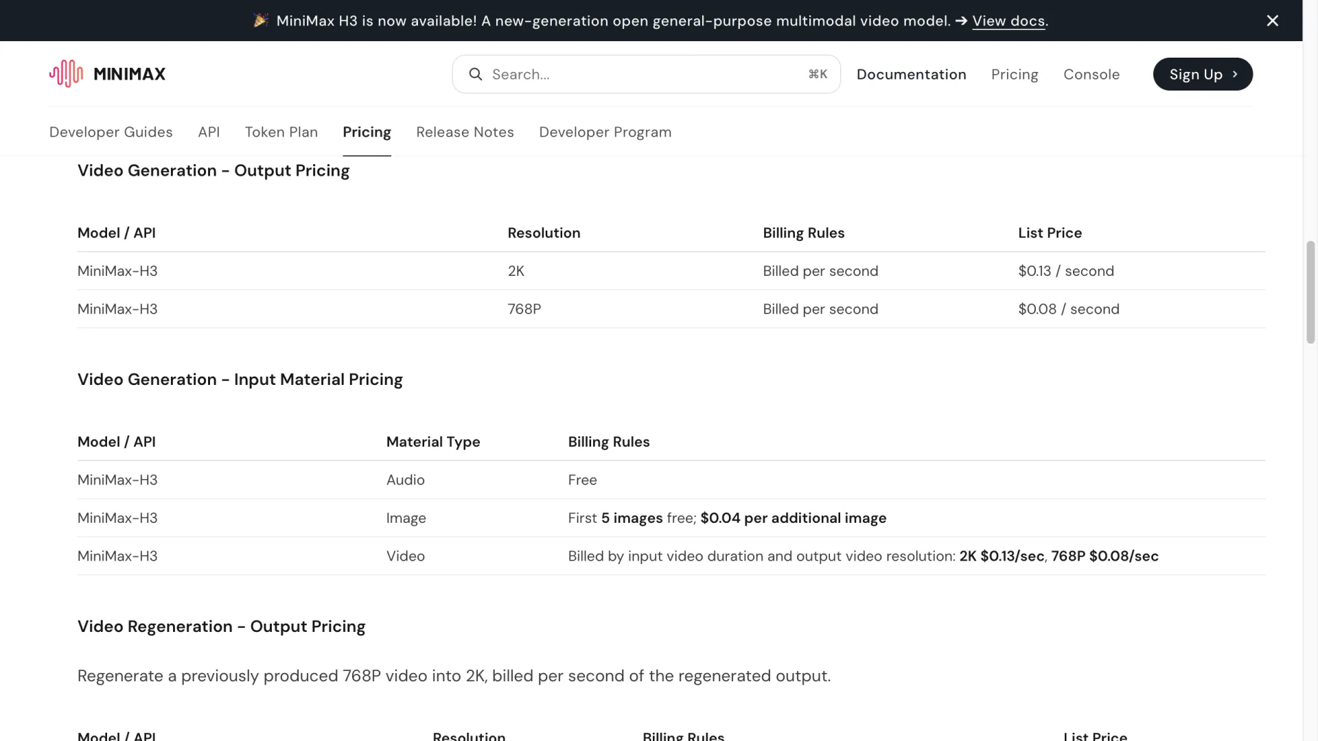 MiniMax H3 official video pricing on the MiniMax platform docs