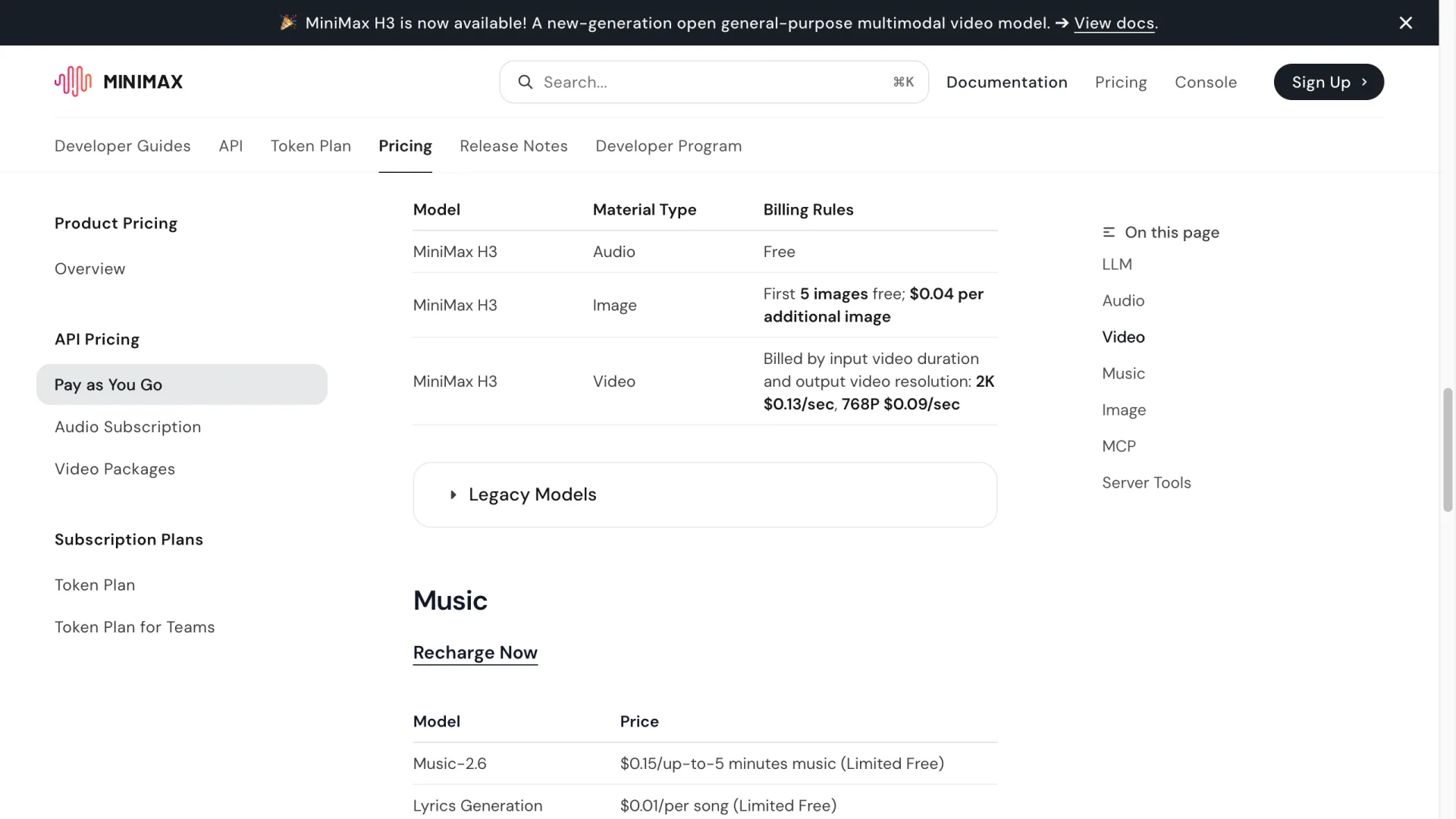 MiniMax H3 official video pricing on the MiniMax platform docs