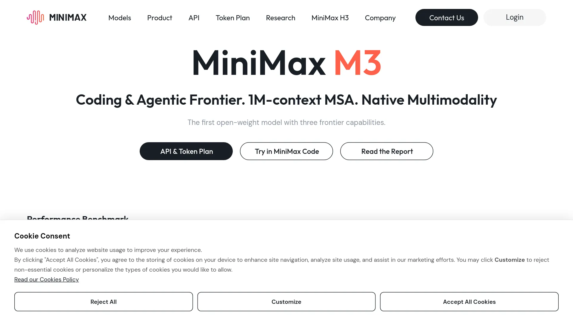minimax.io 上的 MiniMax M3 官方模型頁面