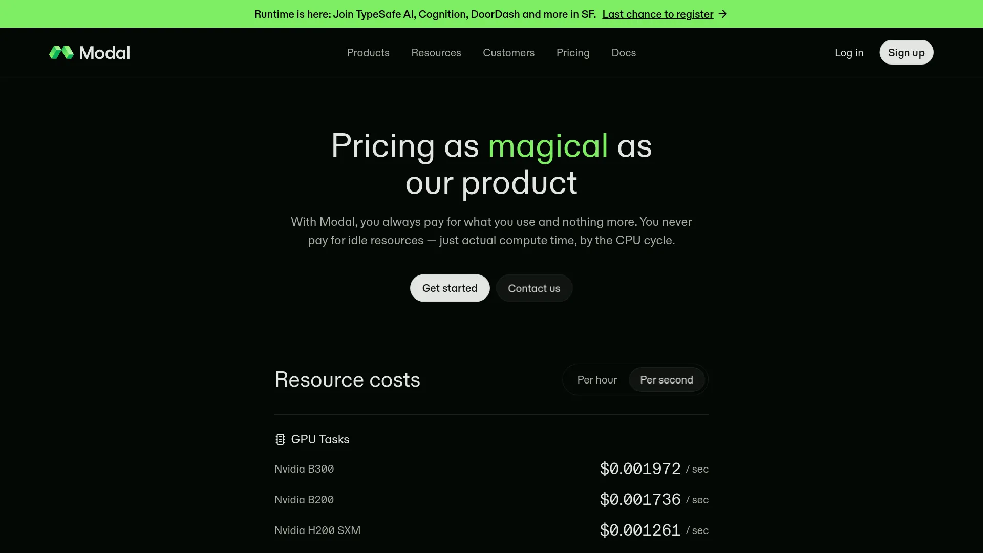 Pagina dei prezzi di Modal con le tariffe pay-as-you-go per il calcolo