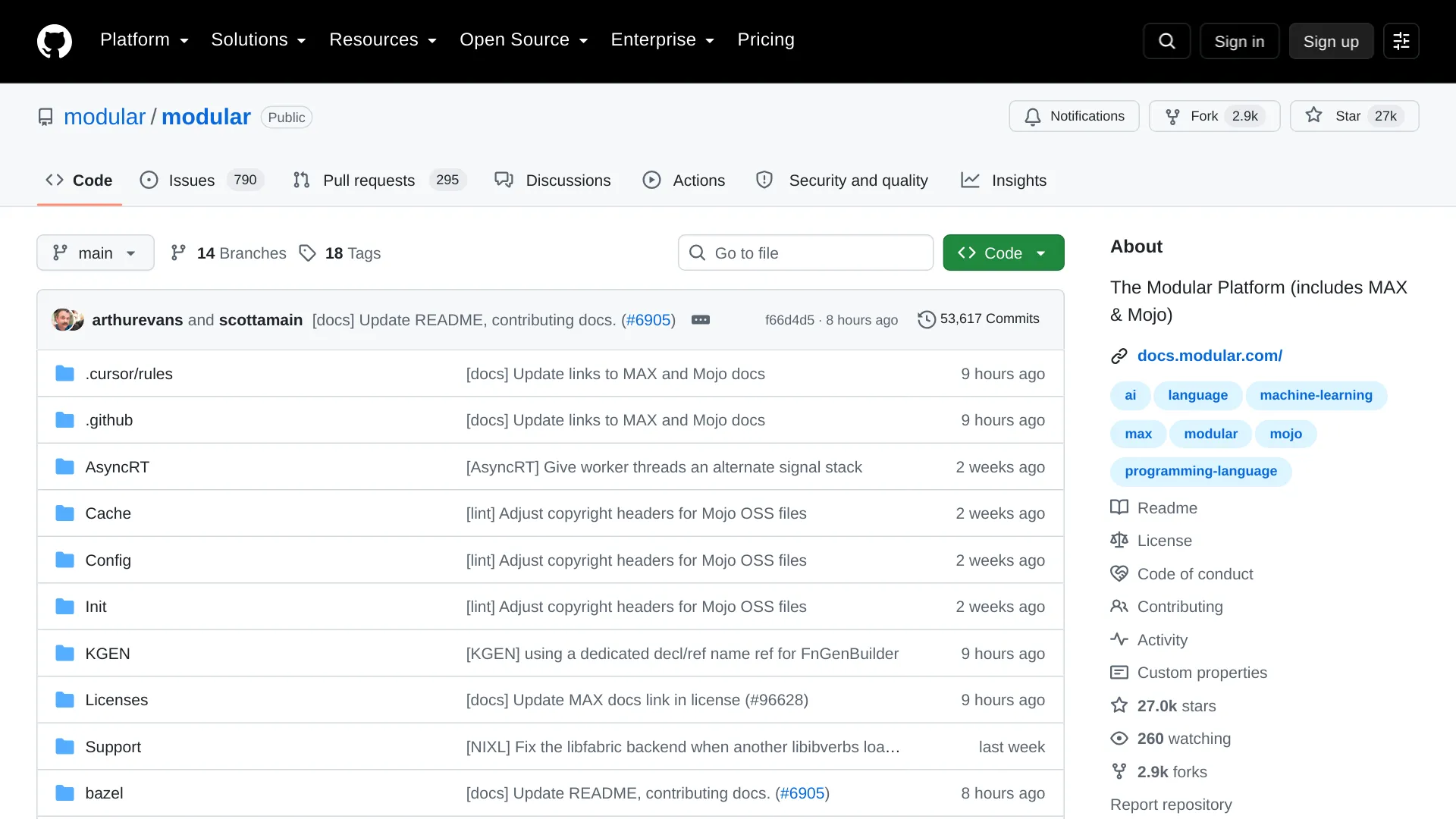 The modular/modular GitHub repository, home of the open-source Mojo compiler and standard library