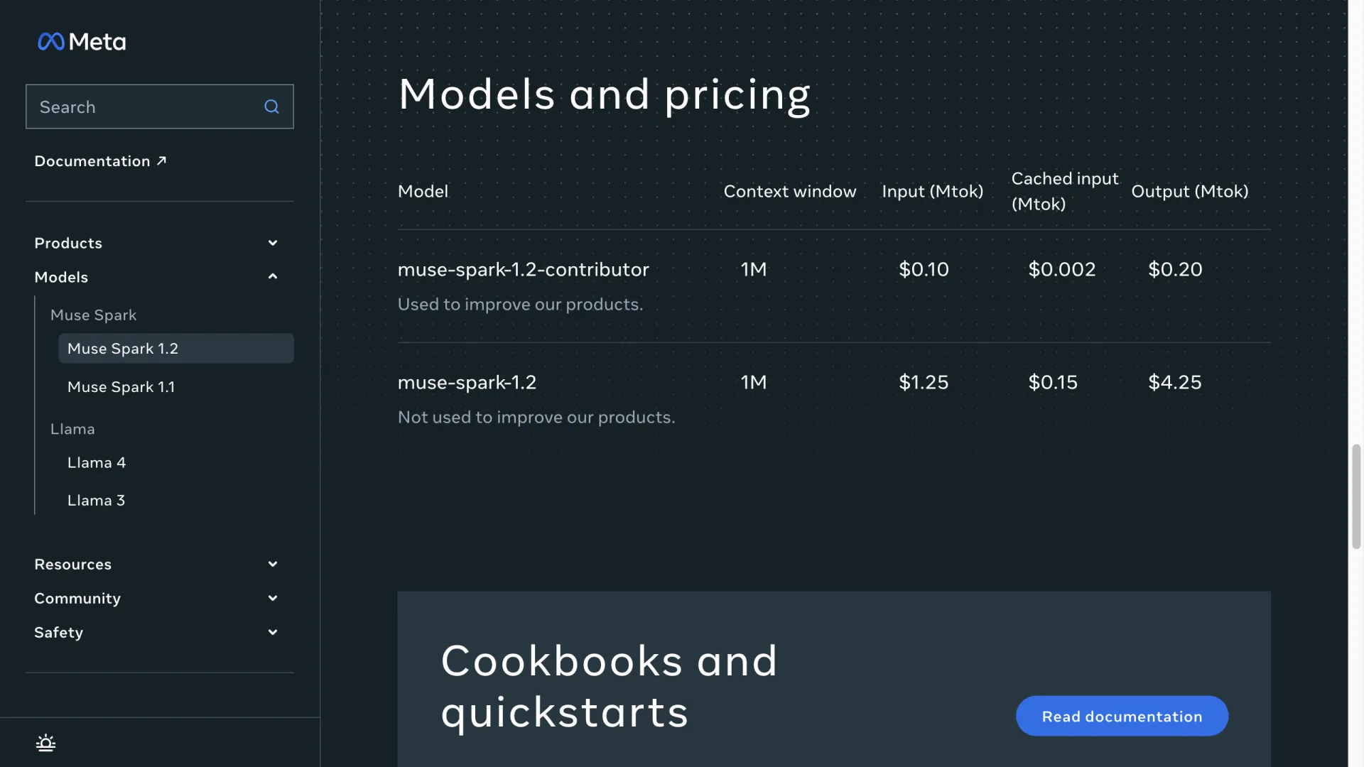 Официальные цены Muse Spark 1.2 на странице моделей Meta для разработчиков: два тарифа и контекстное окно 1M