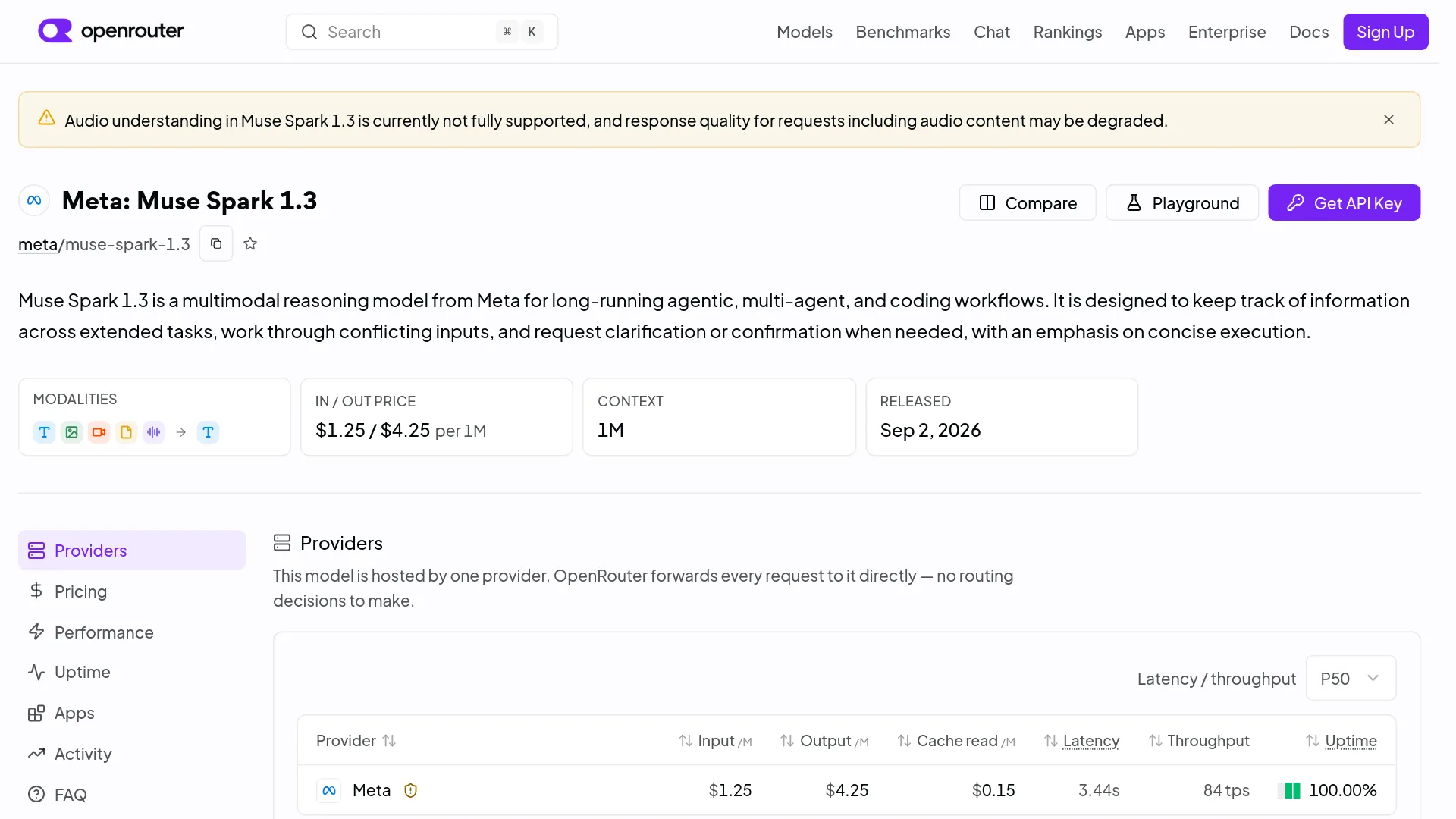 Prezzi dell’API Muse Spark 1.3 su OpenRouter
