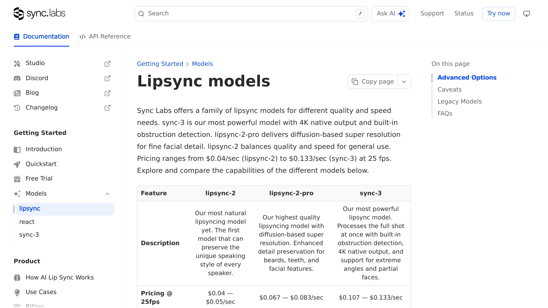 sync.so documentation page showing the lipsync model comparison and pricing