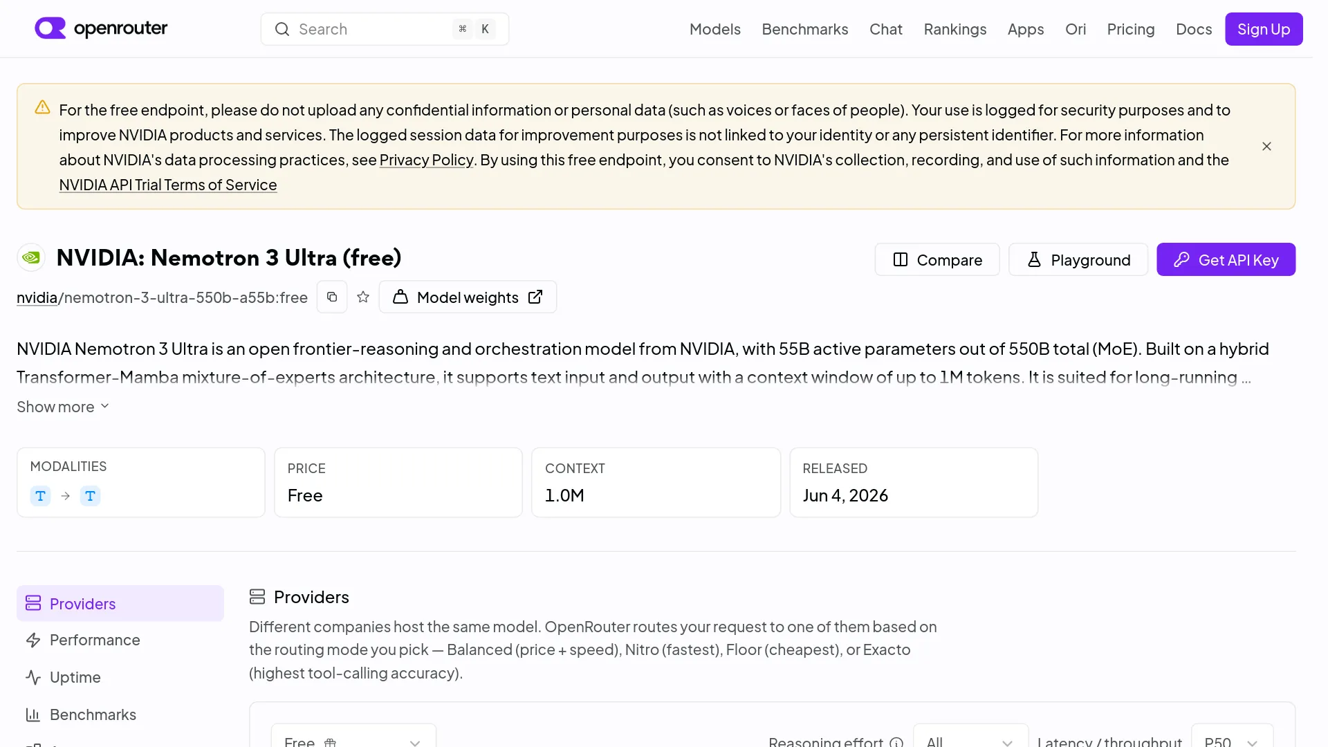 Nemotron 3 Ultra free API listing on OpenRouter