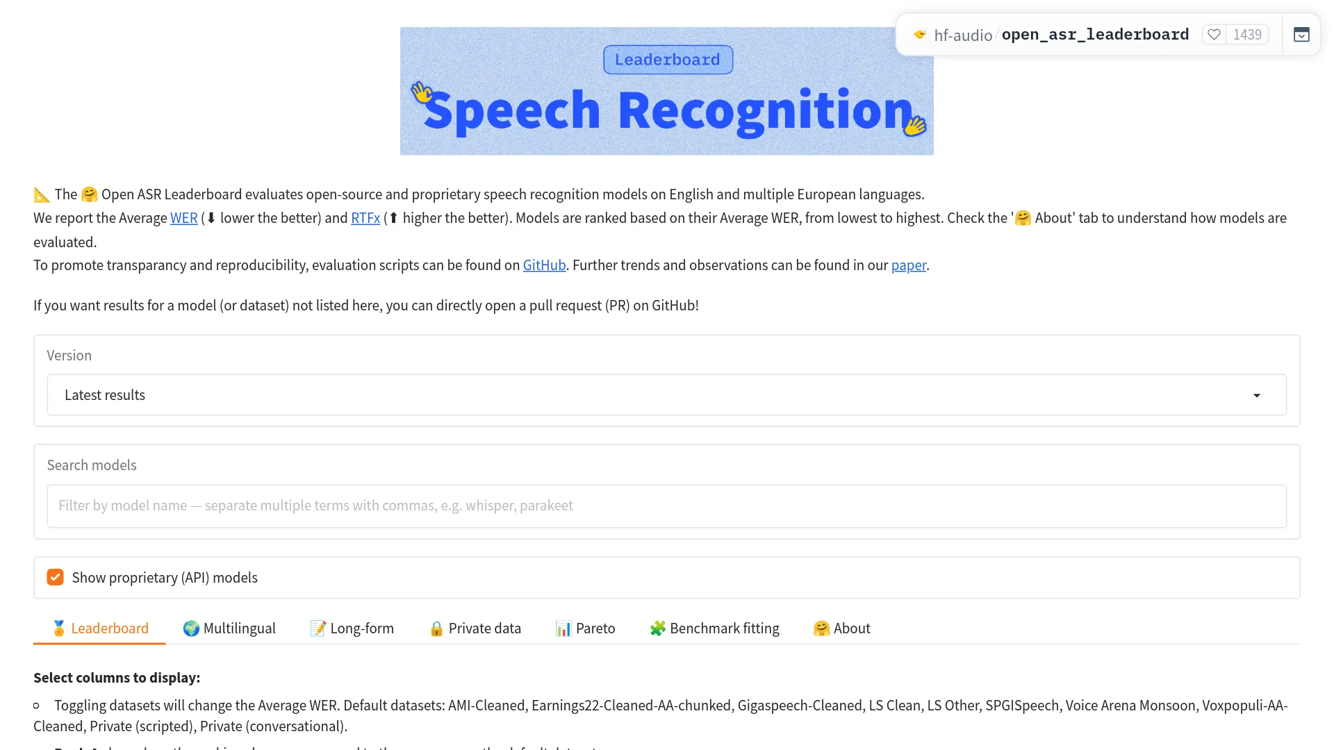 Oberfläche des Open ASR Leaderboard mit mehrsprachigen und privaten Evaluierungsansichten