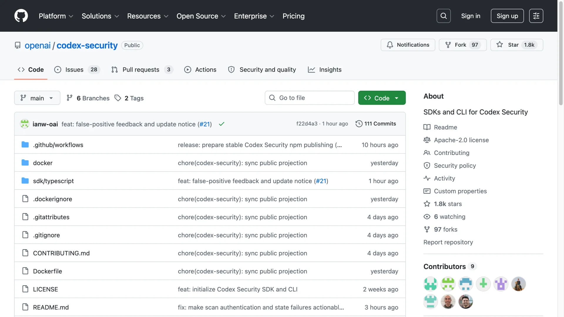 Репозиторий OpenAI codex-security на GitHub с лицензией Apache-2.0 и 1,8 тыс. звёзд