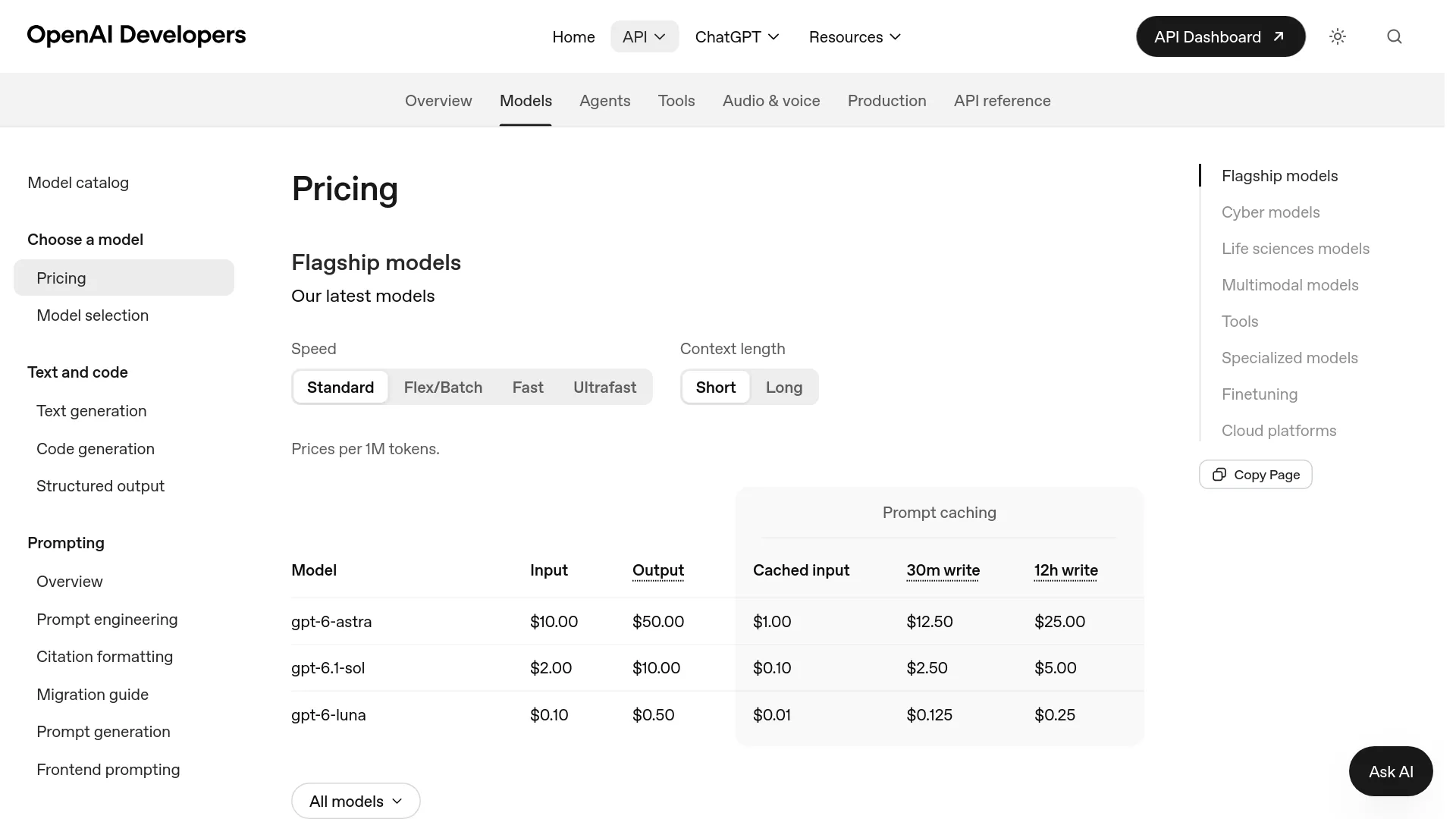 Página de precios de la API de OpenAI con las tarifas actuales de los modelos