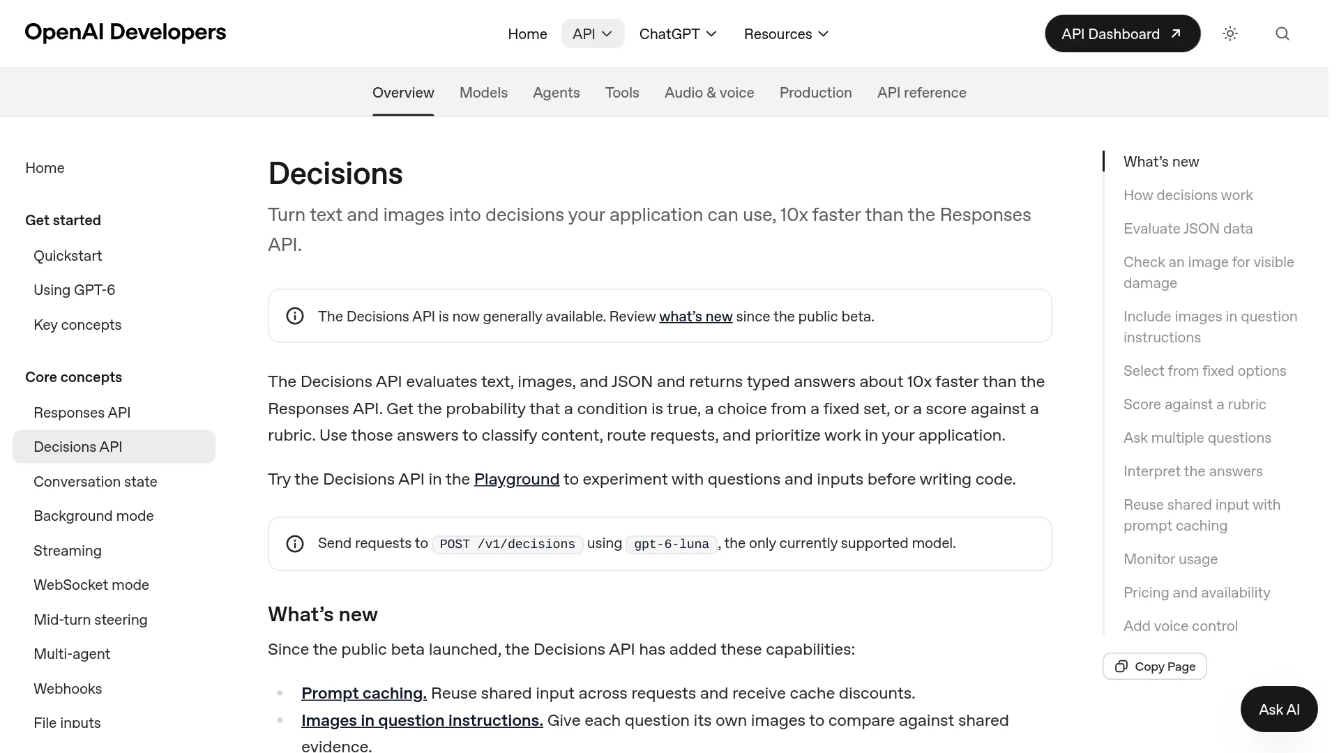 Guía actual de la API Decisions de OpenAI