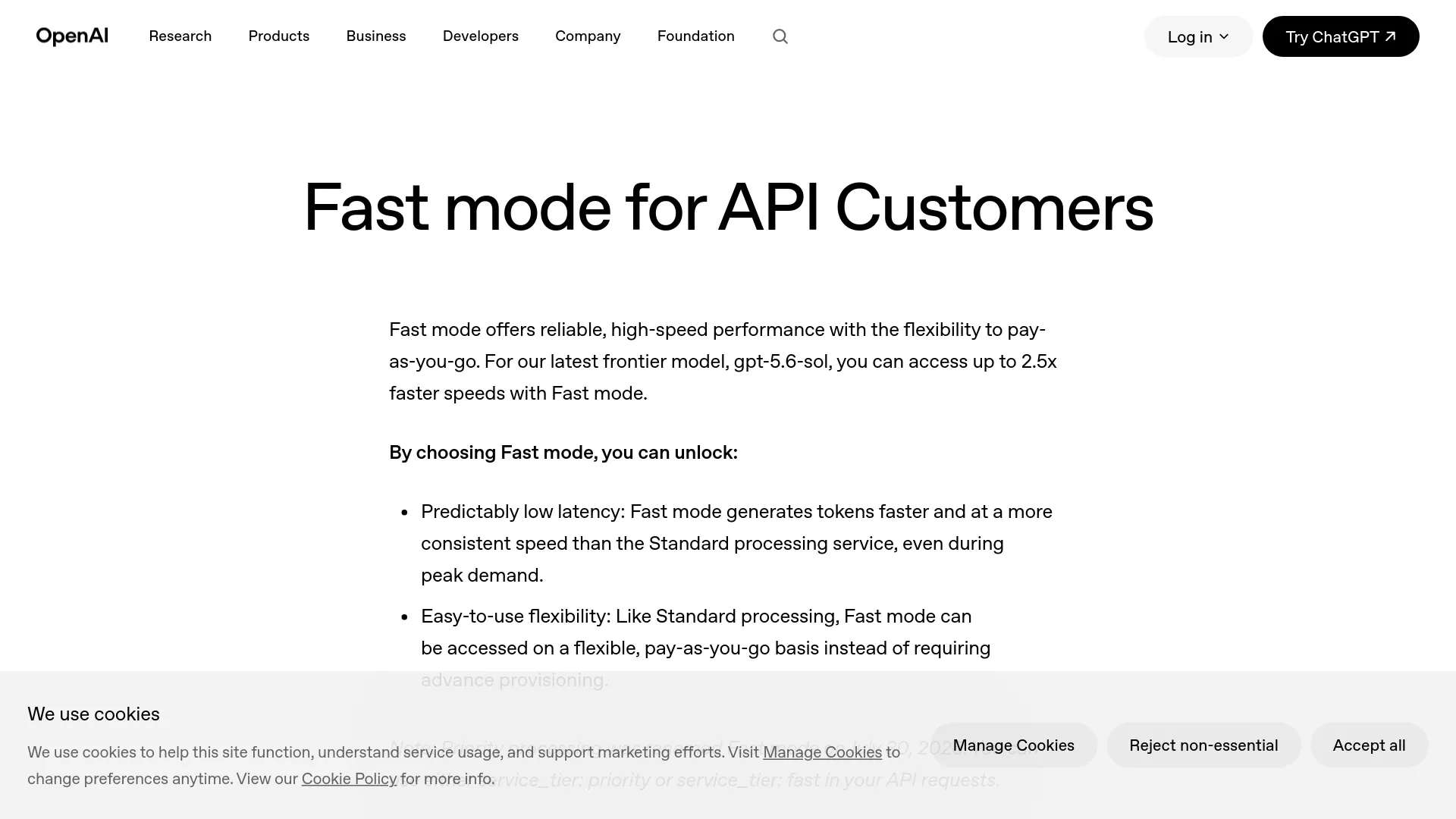 Page du tableau tarifaire d’OpenAI Fast mode pour les clients de l’API