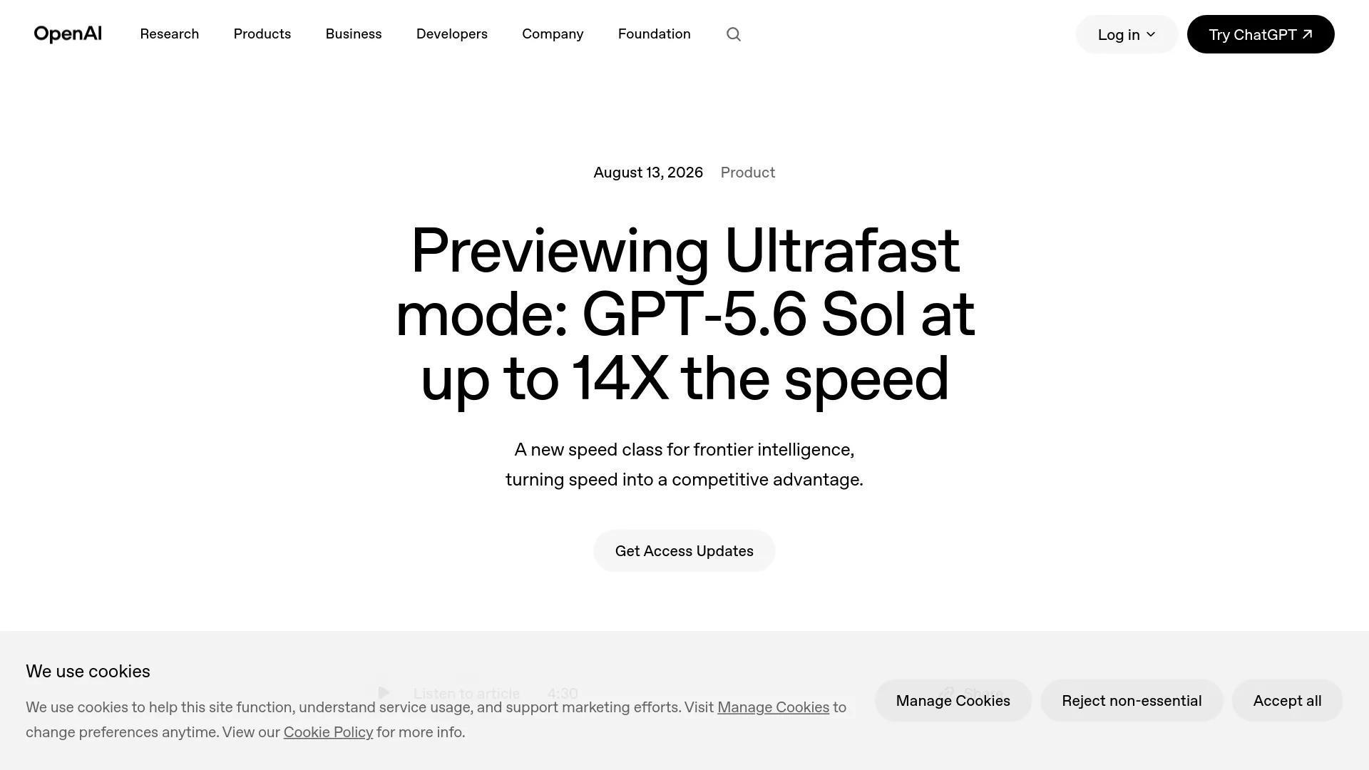 Page d’annonce d’OpenAI Ultrafast mode avec l’aperçu des performances de GPT-5.6 Sol
