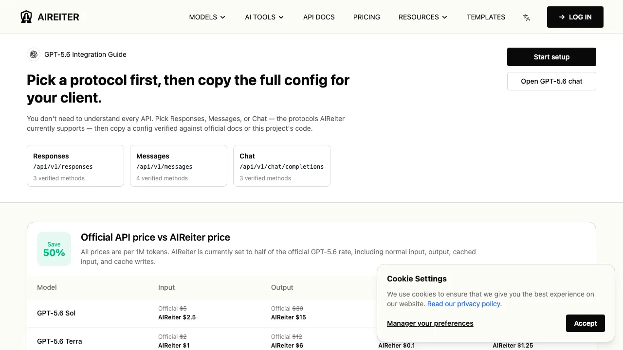 AIReiter 的 GPT-5.6 API 定價頁面，顯示 Sol、Terra 與 Luna 的輸入與輸出費率均列為 OpenAI 官方價格 5 折。