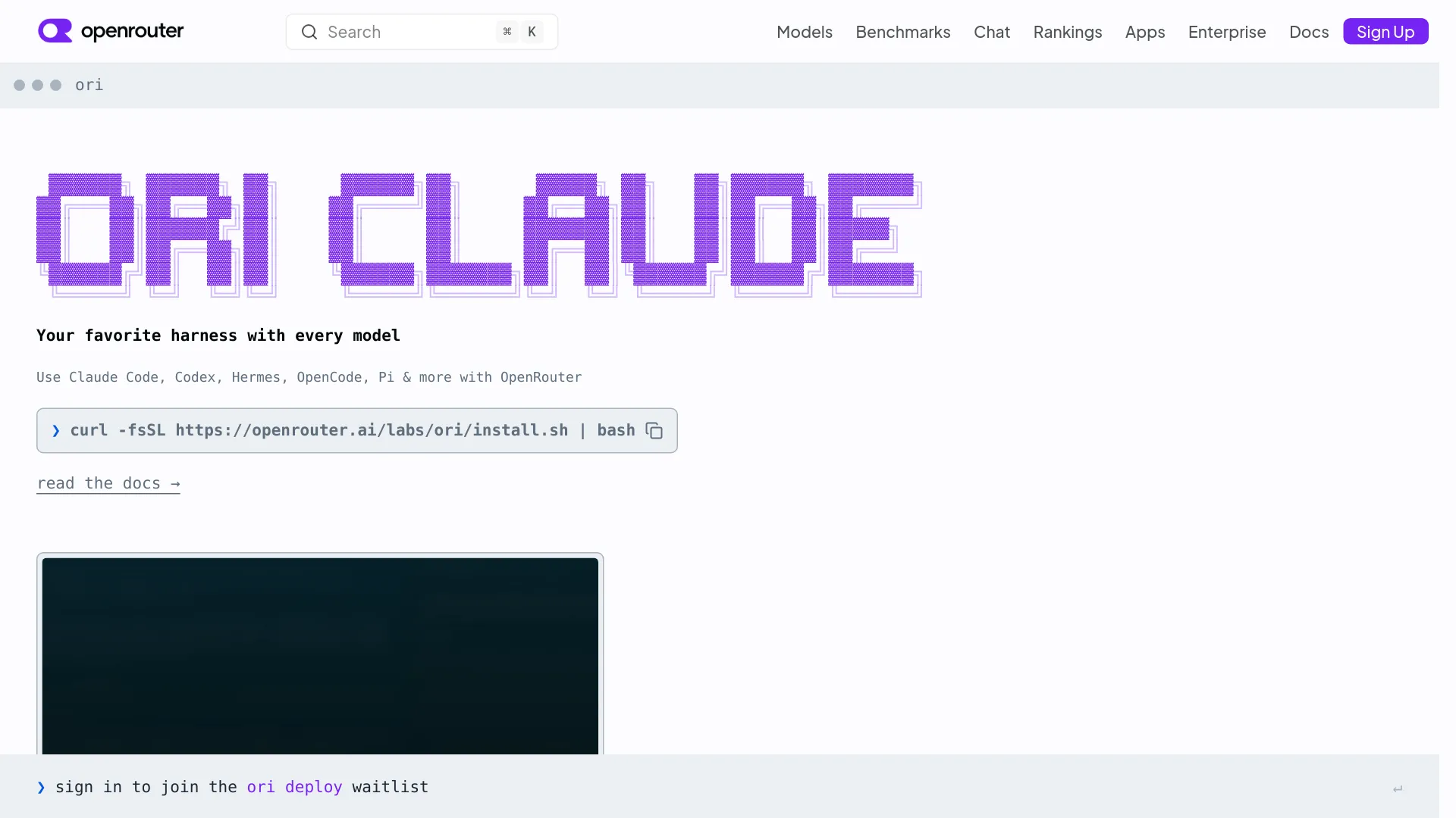 OpenRouter-Ori-Harness-Seite mit dem offiziellen CLI-Einstiegspunkt