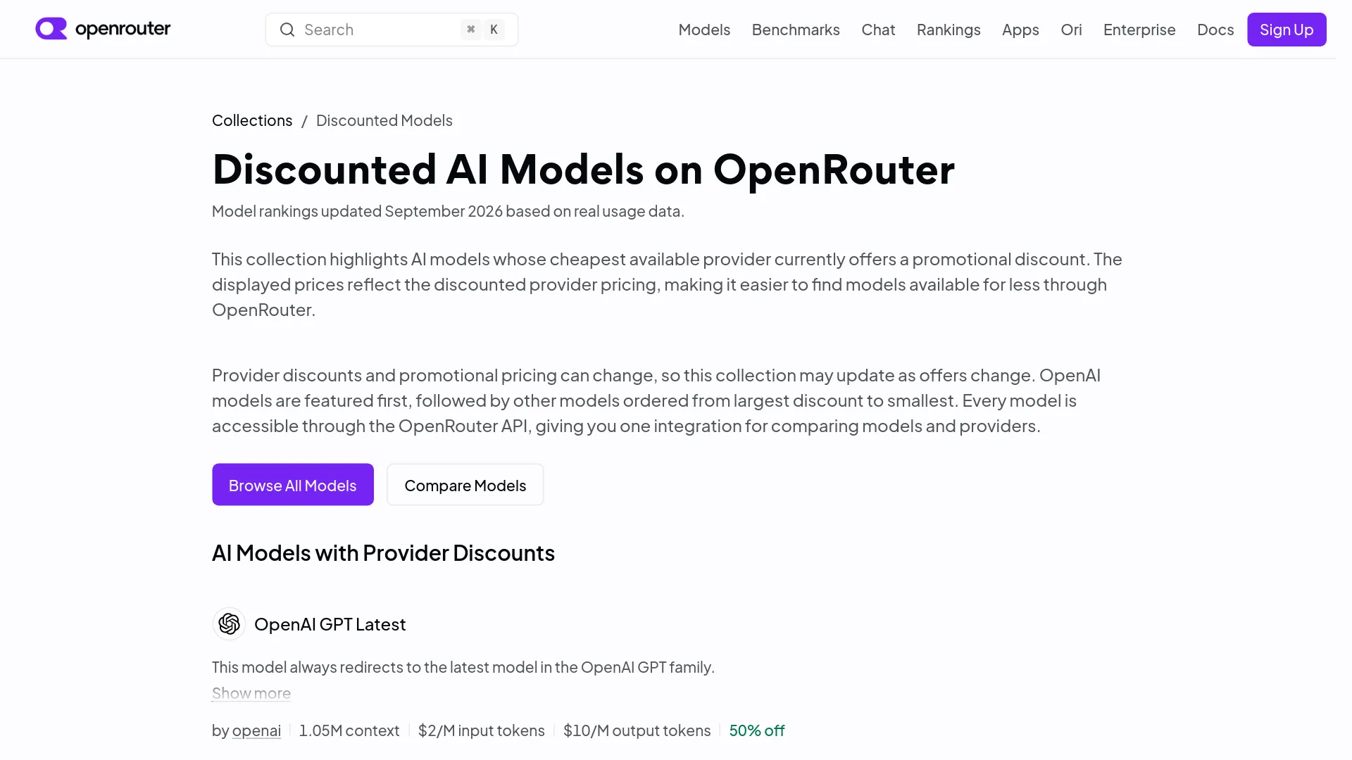 OpenRouter discounted models collection showing provider-level promotional pricing