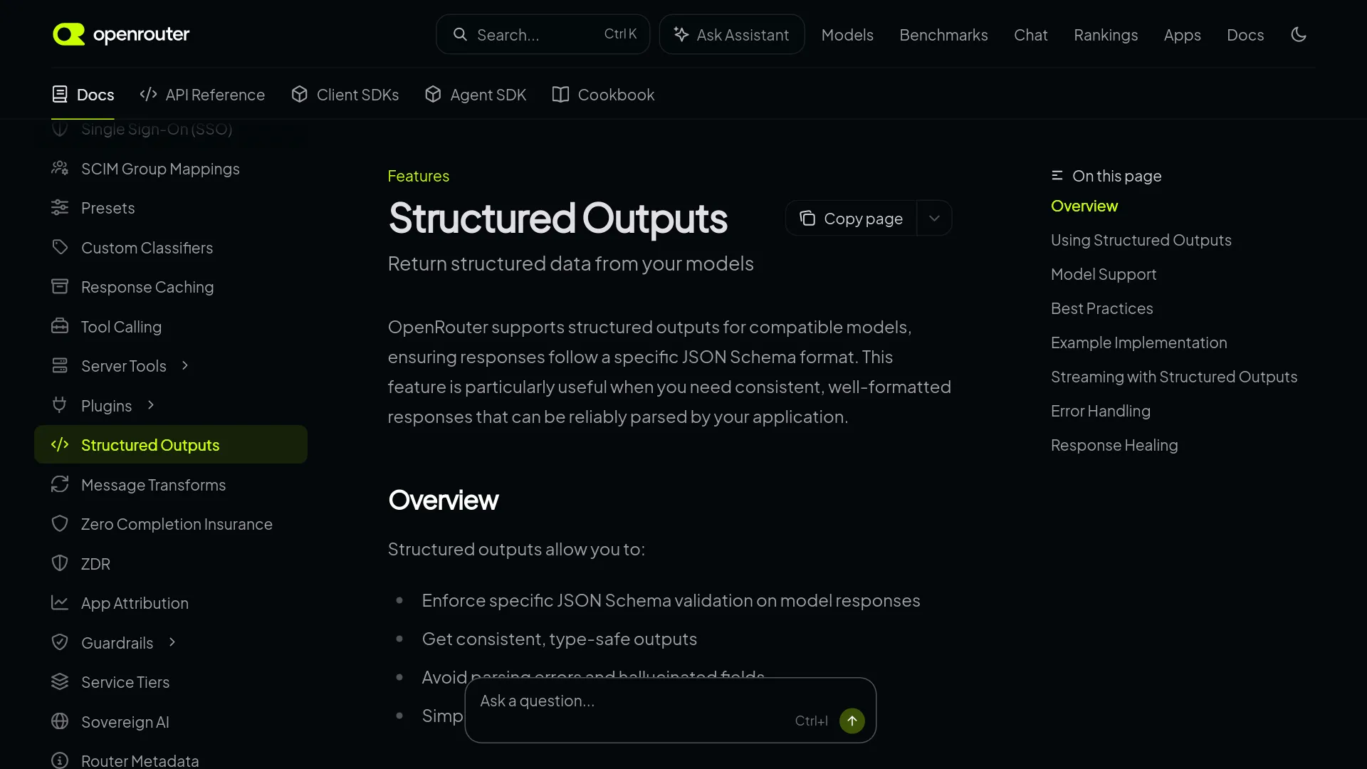 Page de documentation des sorties structurées OpenRouter