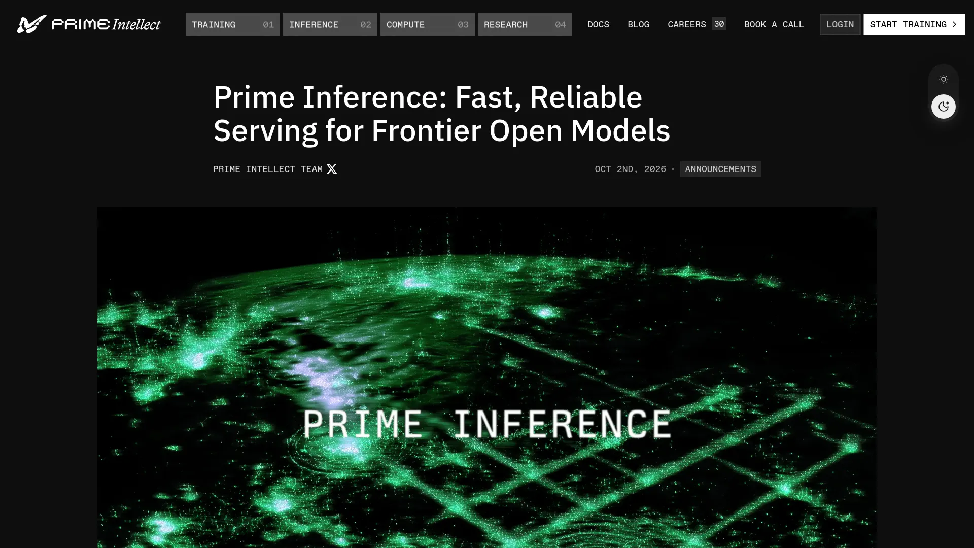 Página de lanzamiento de Prime Inference de Prime Intellect