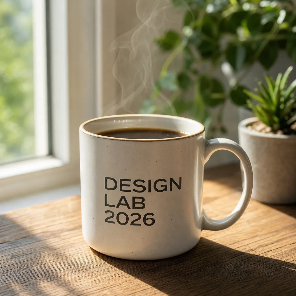GPT Image 2 product photo of ceramic coffee mug with text DESIGN LAB 2026