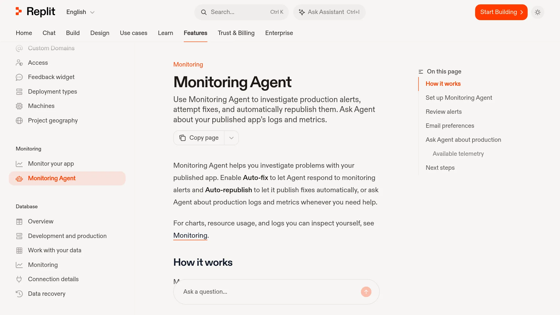 Documentación de Replit Monitoring Agent con los controles de monitorización y automatización de producción