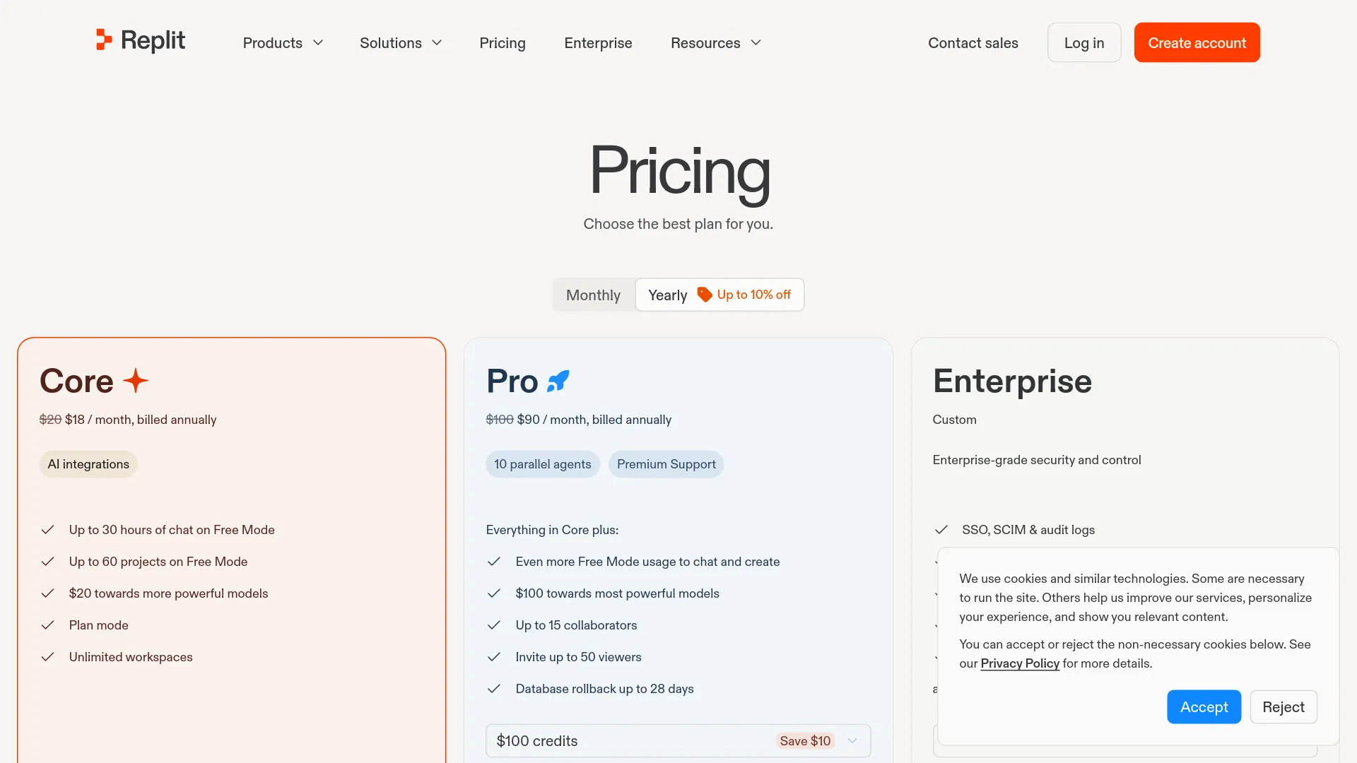 Página de precios de Replit con los planes Core, Pro y Enterprise