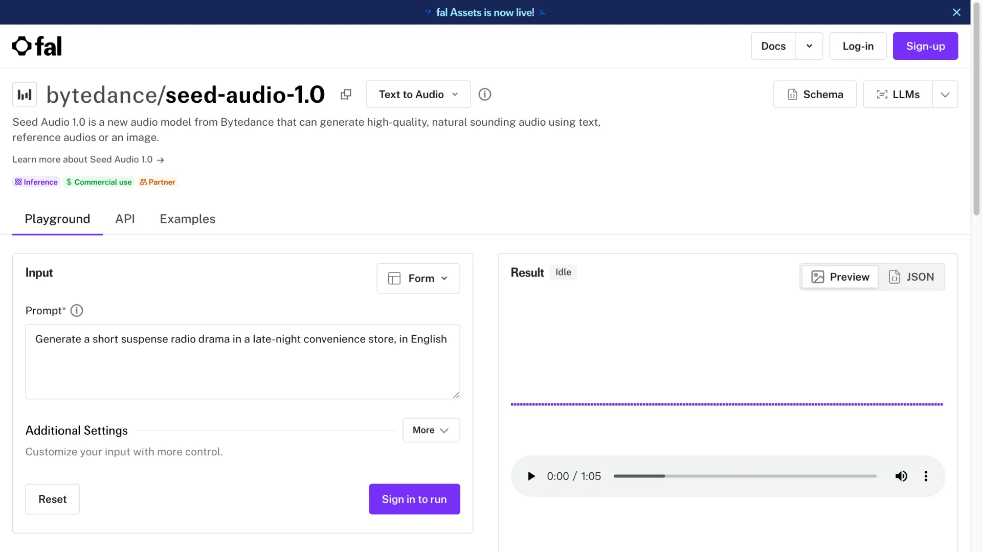 fal 上的 Seed Audio 1.0 模型頁面，顯示 Text to Audio 端點與 playground